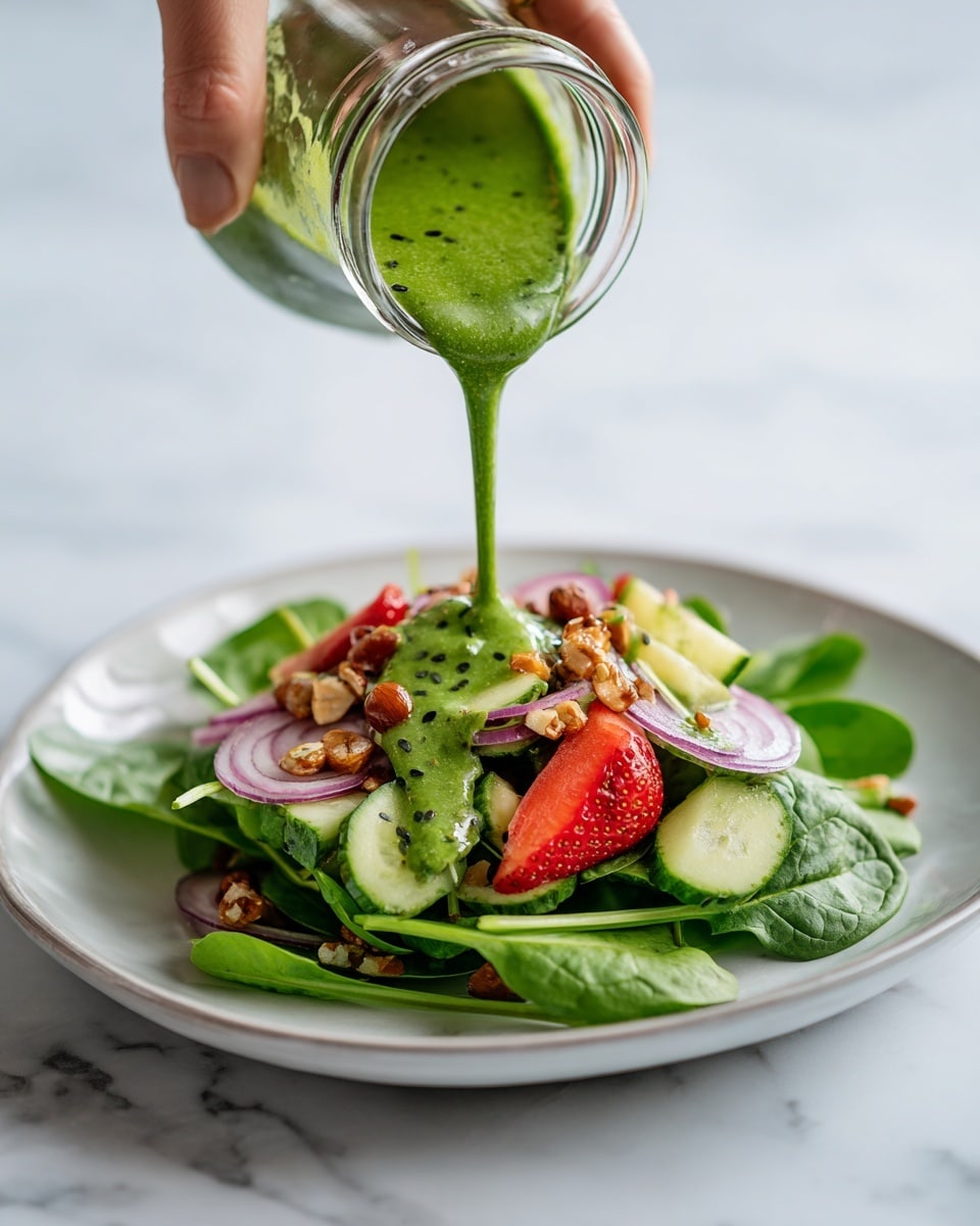 The image shows a fresh salad being dressed with a bright green dressing poured from a glass container. The salad is on a white plate placed on a white marbled surface. There are three visible layers in the salad: the bottom layer is fresh green spinach leaves, the middle layer has sliced light green cucumbers and red strawberry halves, and the top layer includes golden brown candied nuts and thin slices of purple onion. The green dressing with small black seeds spreads over the salad, adding a glossy and thick texture. A woman's hand holds the glass container, gently pouring the dressing over the colorful salad. photo taken with an iphone --ar 4:5 --v 7