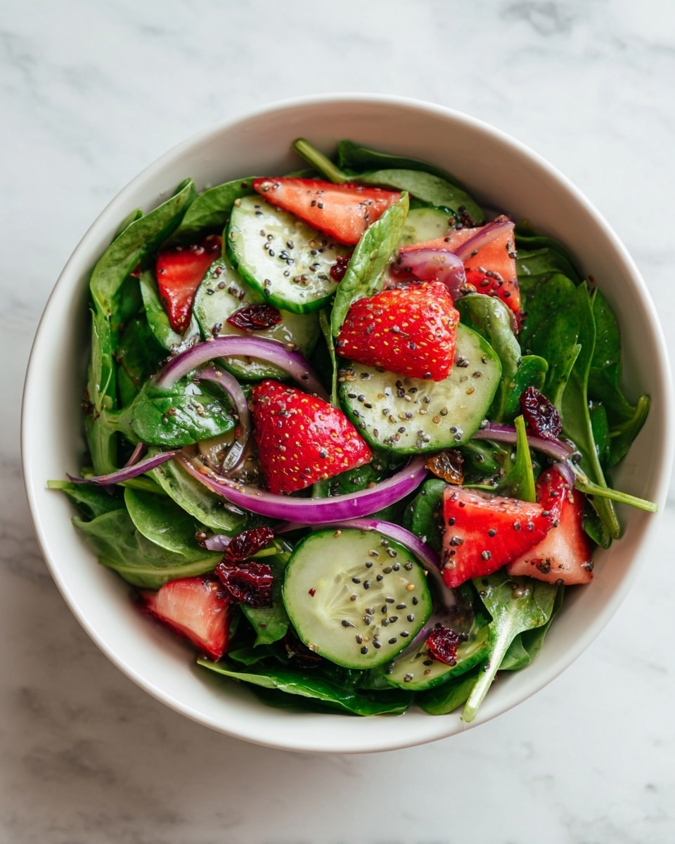 A fresh salad in a white bowl filled with bright green spinach leaves as the base layer, topped with thinly sliced light green cucumbers sprinkled with black seeds, vibrant red strawberry pieces, and thin strips of purple onion. There are also small dark red dried fruit pieces scattered throughout. The salad sits on a white marbled surface, and the colors are vivid and fresh. photo taken with an iphone --ar 4:5 --v 7
