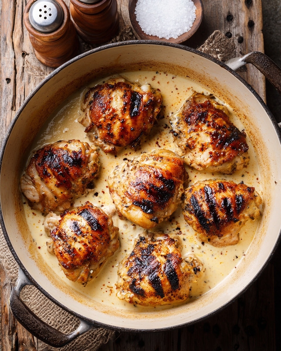 The image shows a white pot filled with seven grilled chicken pieces placed evenly inside. Each chicken piece has a golden-brown crispy texture on top with some darker grill marks and lighter golden areas. The inside of the pot has a thick creamy sauce with a light beige color, surrounding the chicken pieces. The pot sits on a rustic wooden surface with some salt and pepper containers in the background. Photo taken with an iphone --ar 4:5 --v 7