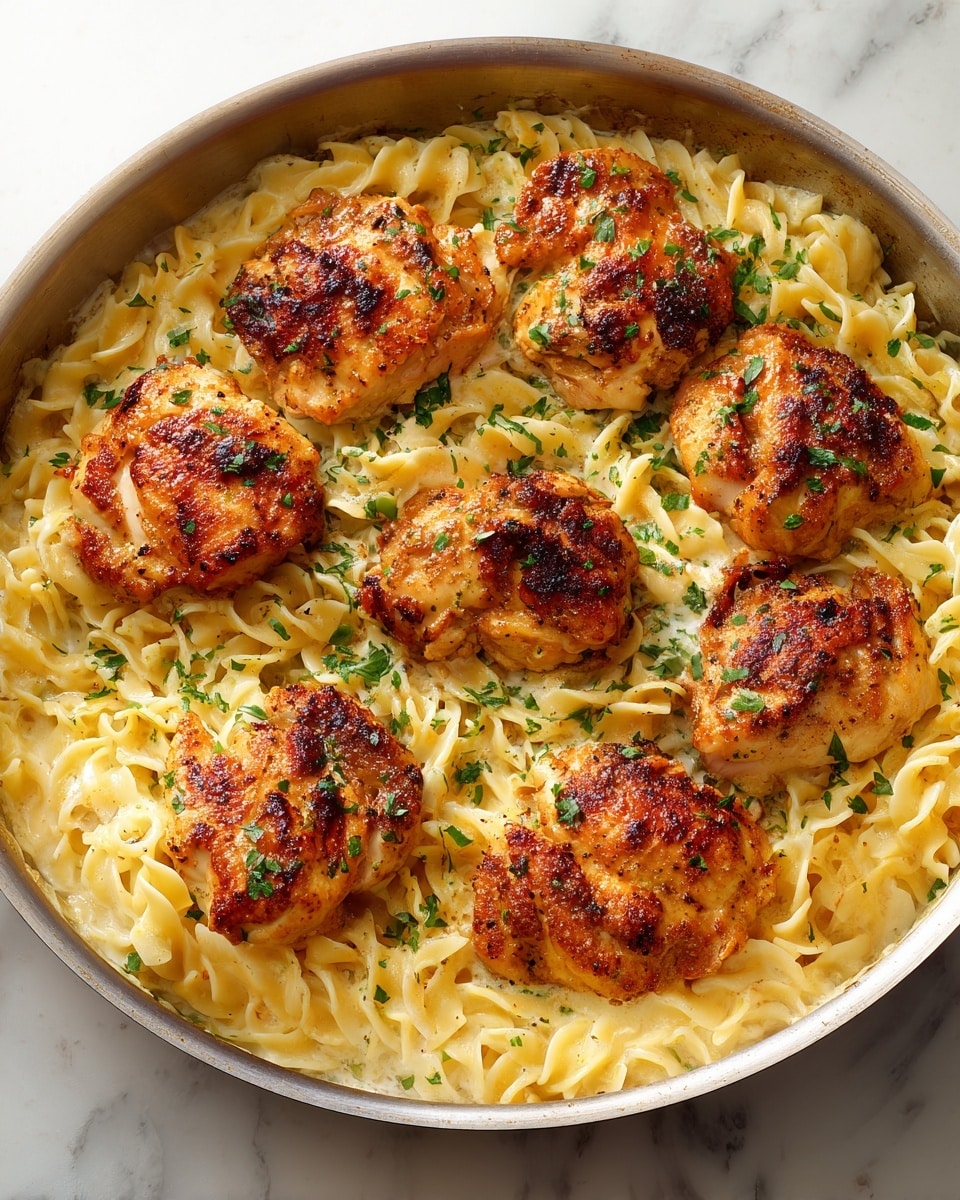 The image shows a pan filled with cooked pasta at the base, creamy in texture and light yellow in color. On top of the pasta, there are eight golden-brown cooked chicken pieces evenly placed, each with a slightly crispy surface and sprinkled with fresh green herbs. The edges of the chicken pieces show light charring, giving them a rich cooked look. The pan sits on a white marbled surface, and the dish looks warm and inviting. Photo taken with an iphone --ar 4:5 --v 7