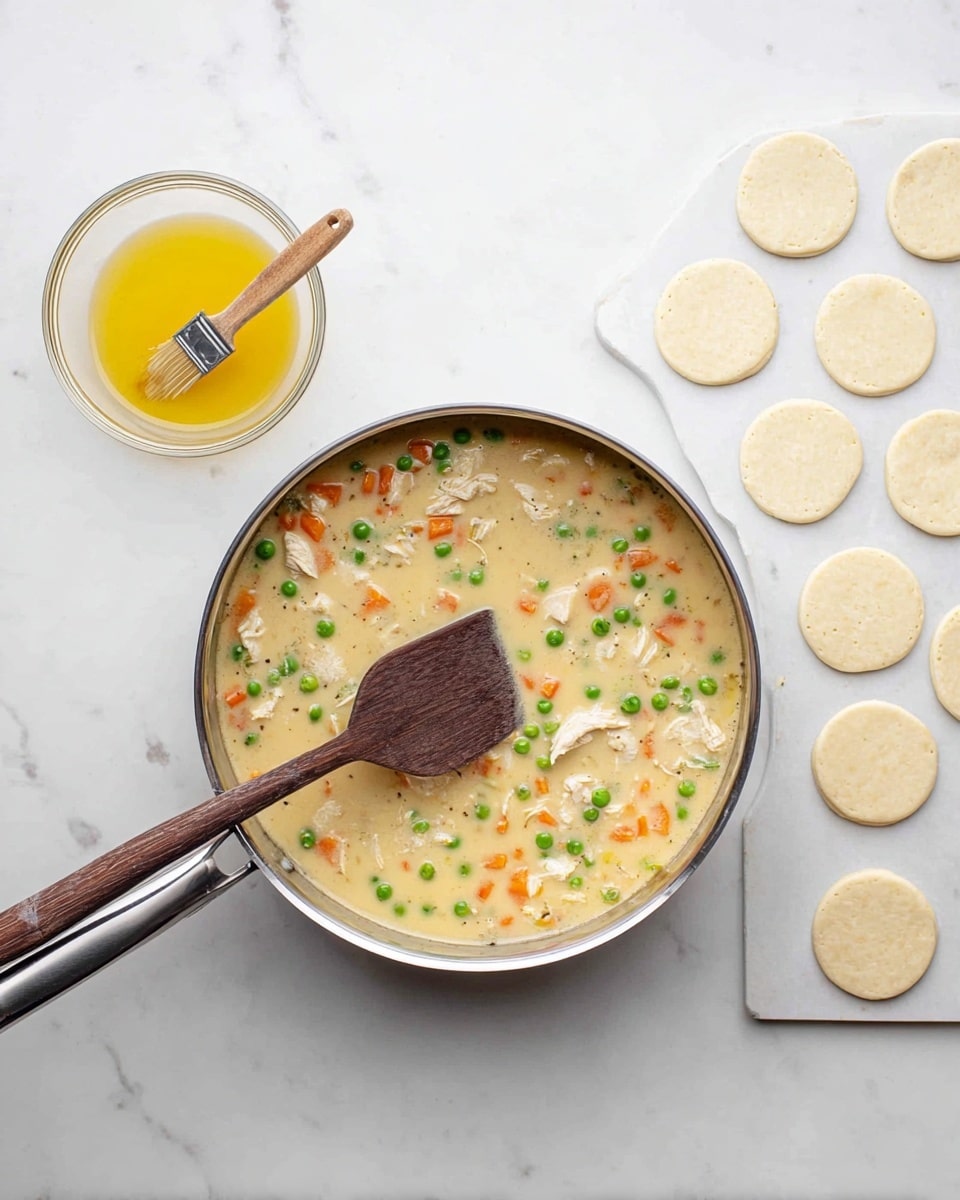A woman's hand holding a silver spoon is placing a creamy mixture of diced vegetables, including green peas, orange carrots, and yellow corn, onto a round piece of light beige dough that sits in a muffin tray. The dough layer is smooth and spread out flat, covering one of the cup sections of the dark gray muffin tray. The creamy vegetable mixture is thick and occupies the center of the dough, showing a mix of creamy white sauce and colorful vegetable pieces. Another dough-covered muffin cup with some filling is partially visible in the background. The surface beneath the tray is a white marbled texture. Photo taken with an iphone --ar 4:5 --v 7