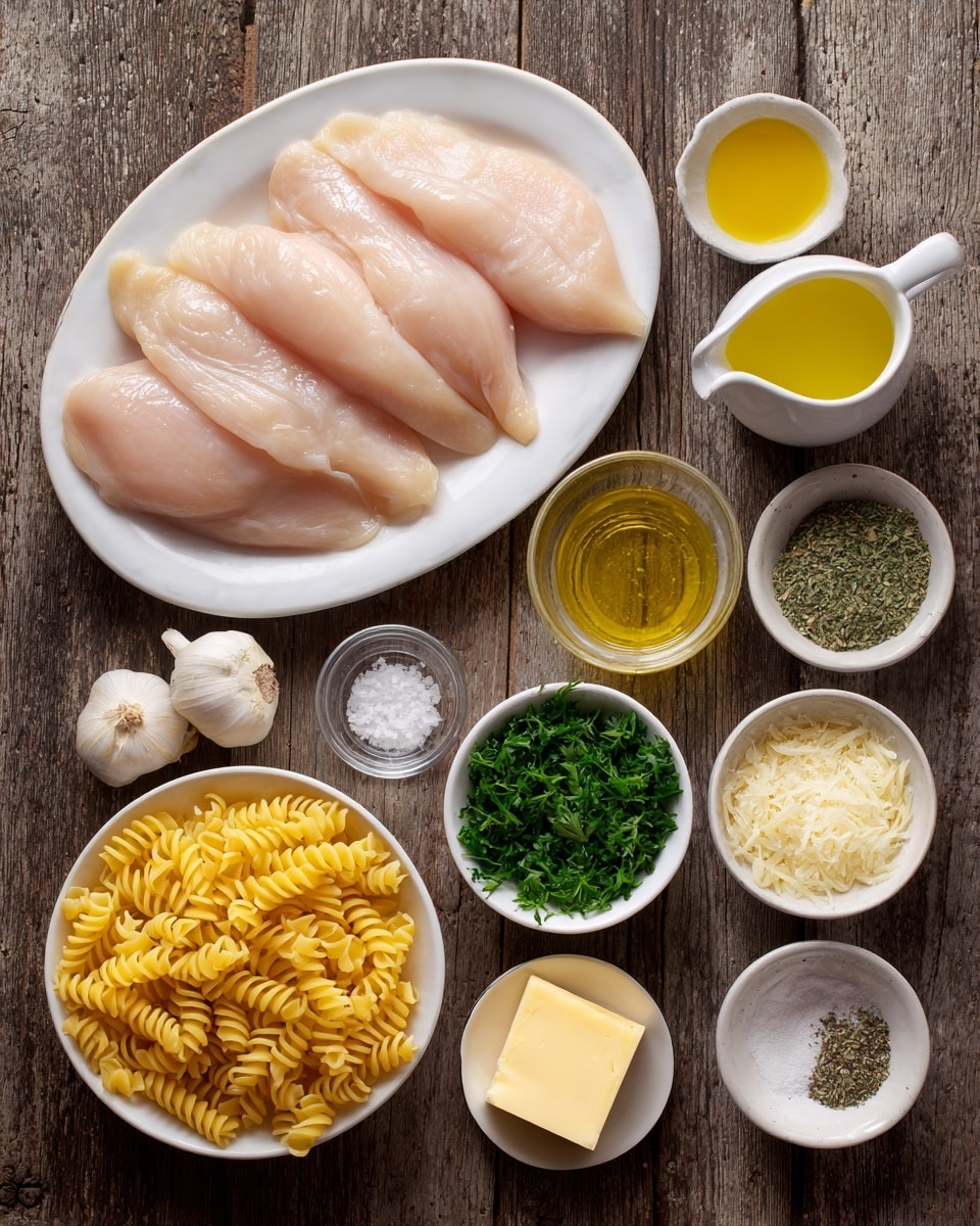 A white shallow bowl filled with two layers: the bottom layer has rigatoni pasta with a creamy cheese sauce, light yellow-beige in color and smooth texture, mixed with herbs. The top layer has pieces of golden brown grilled chicken with a slightly crispy surface, sprinkled with finely chopped green herbs and shredded white cheese that melts slightly over the chicken. The bowl is placed on a white marbled surface. Photo taken with an iphone --ar 4:5 --v 7