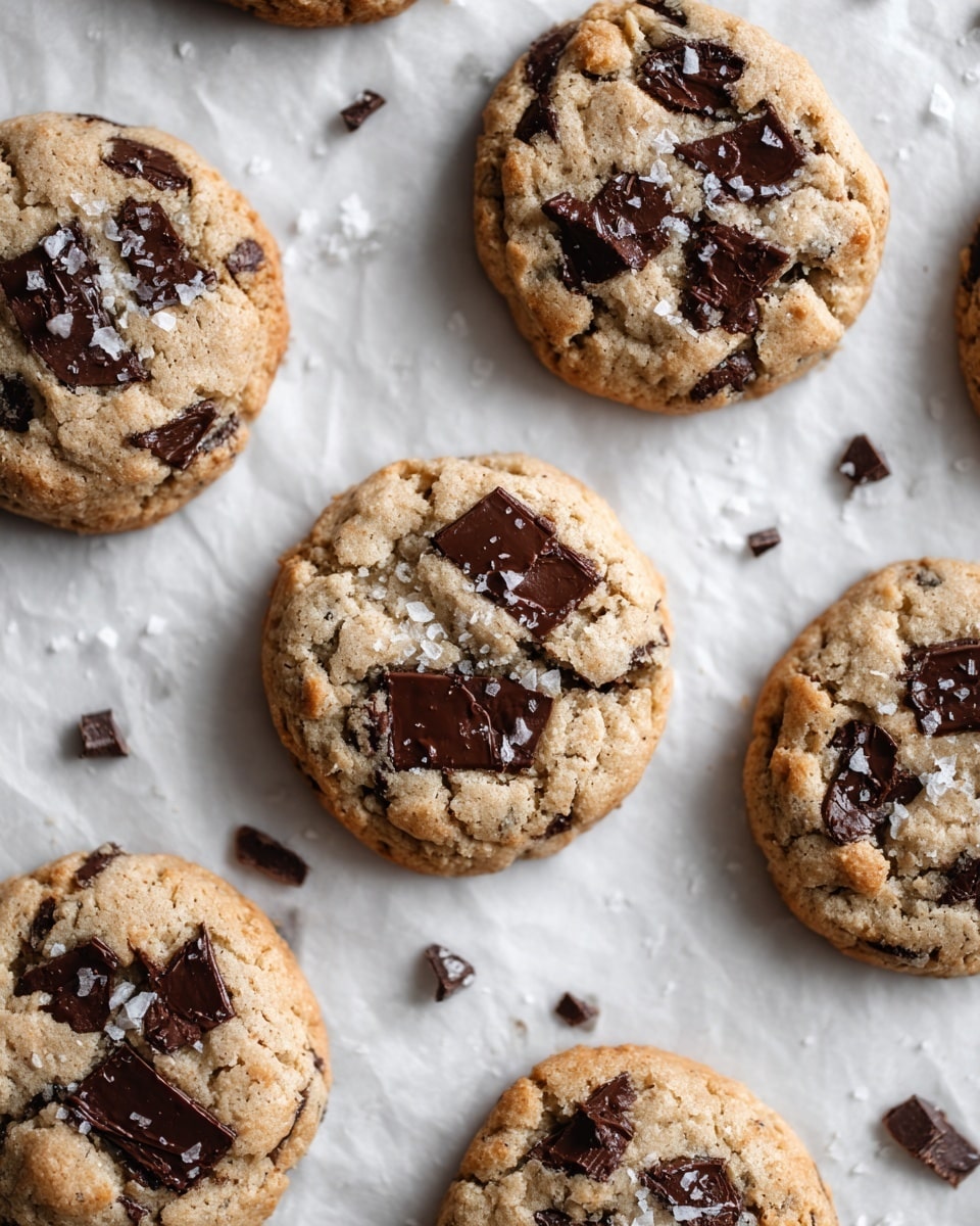 The image shows several round chocolate chip cookies placed evenly on a sheet of parchment paper. Each cookie is light brown with a soft, slightly crumbly texture, and contains several large, melted dark chocolate chunks scattered on top and slightly sunk into the dough. Some cookies have a small bite missing, showing their soft inside. There are small flakes of coarse sea salt scattered over the cookies and parchment paper. The background is a white marbled surface. photo taken with an iphone --ar 4:5 --v 7