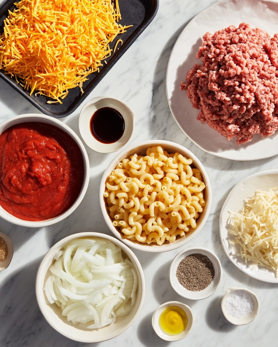 This is a view of a skillet filled with layered cheesy pasta bake. The bottom layer is visible bits of cooked pasta with a reddish tomato sauce mixed with browned ground meat that is spread evenly across the pan. Over the meat and pasta, there is a thick layer of melted cheese, light yellow with bubbling spots, covering the whole top surface. The skillet is metallic with a handle on the right side, sitting on a white marbled surface. The photo taken with an iphone --ar 4:5 --v 7