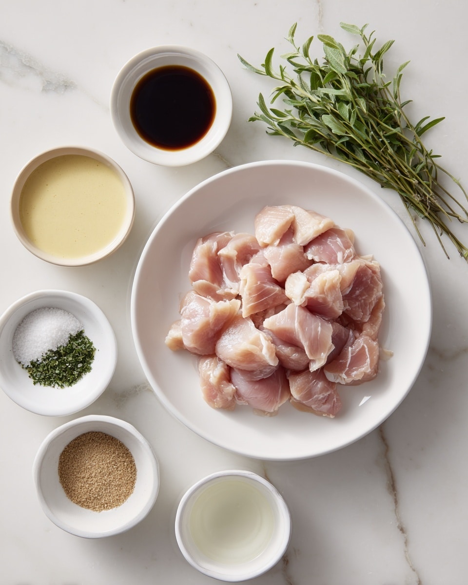 Two white plates sit on a white marbled surface, each with a layer of creamy pale yellow mashed potatoes spread on the bottom. On top of the mashed potatoes in each plate, there are two pieces of golden-brown roasted chicken with a light crispy texture. A thick, smooth beige sauce is drizzled over the chicken and mashed potatoes, pooling slightly around the edges. Small green rosemary sprigs are scattered on the food and around the plates for garnish. Two glasses of light yellow drink and a small white bowl with more rosemary sprigs are nearby, along with a white napkin with a black check pattern and a fork resting on one plate. photo taken with an iphone --ar 4:5 --v 7