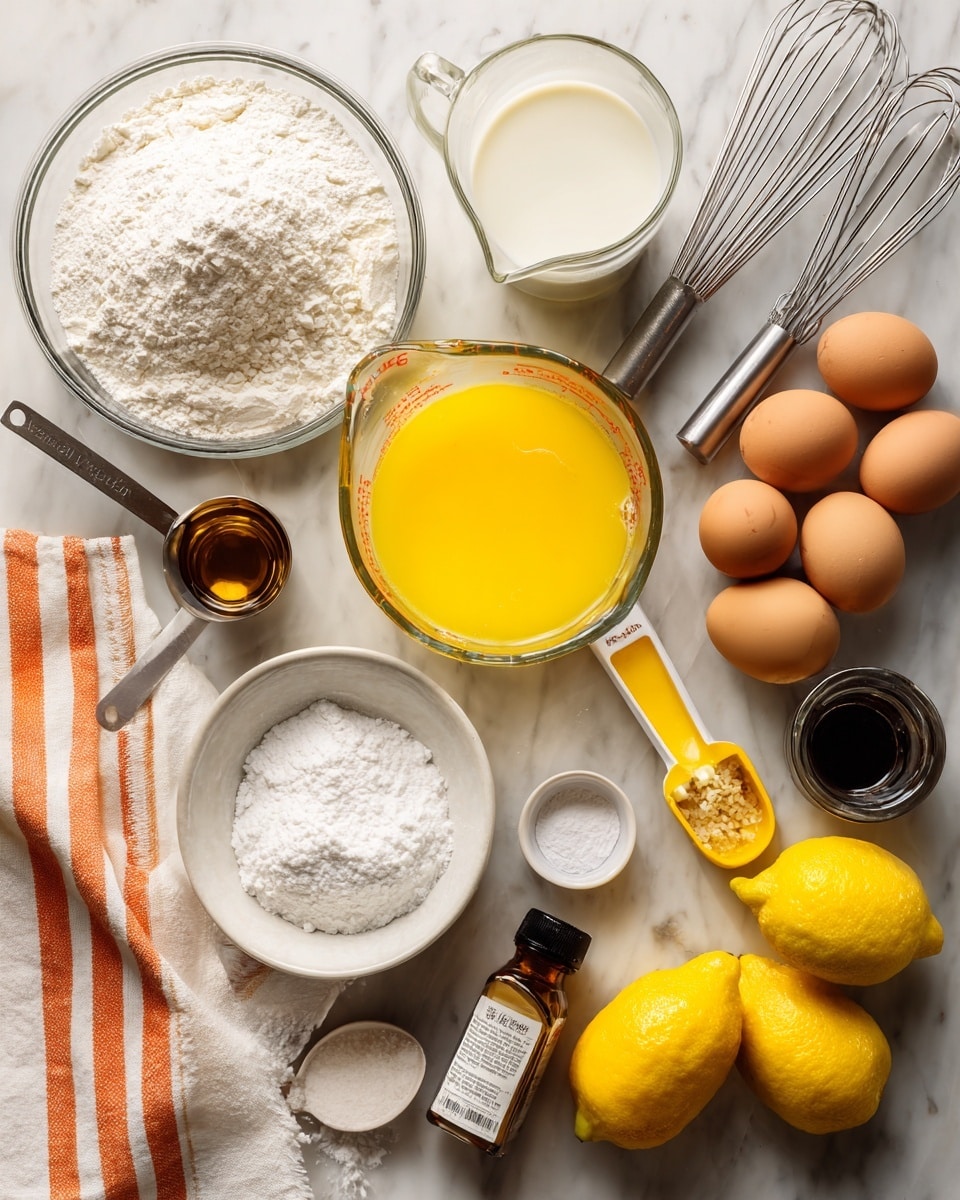 The image shows baking ingredients neatly arranged on a white marbled surface. There is a clear glass measuring cup filled with bright yellow melted butter in the center. To its right is a similar cup filled with white milk, and behind it is a clear glass bowl with metal whisks. On the left side, there is an open bag of white all-purpose flour with a brass measuring cup of flour next to it. Two brown eggs lie below the flour. A small metal cup holds white granulated sugar near the center. Below it is a container of baking powder with a white spoon inside. To the right, there is a lemon zester with two yellow lemons, one whole and one half being squeezed with a silver lemon press. A dark glass bottle of vanilla extract and a bottle of maple syrup are also present. A white towel with orange stripes is folded near the bottom left side. photo taken with an iphone --ar 4:5 --v 7
