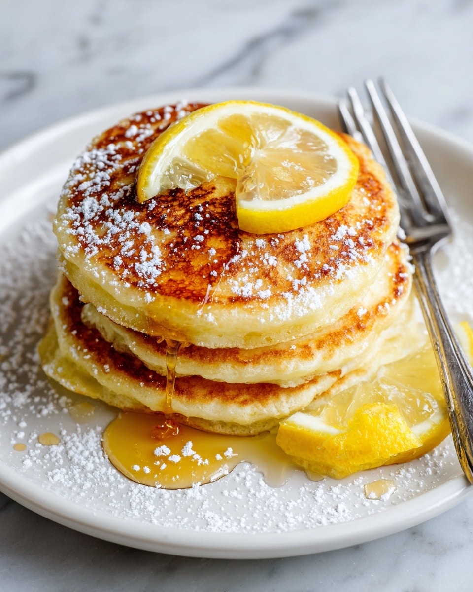 A stack of three golden brown pancakes with slightly uneven edges sits on a white plate, each pancake showing soft bubbles and a light crispy texture on top. A bright yellow lemon slice rests on the top pancake, with a shiny drizzle of syrup spreading downward. Another lemon slice lies on the plate next to the stack. Light dusting of powdered sugar is scattered over the pancakes and plate. A silver fork leans beside the stack on the plate, all placed on a white marbled surface. Photo taken with an iphone --ar 4:5 --v 7