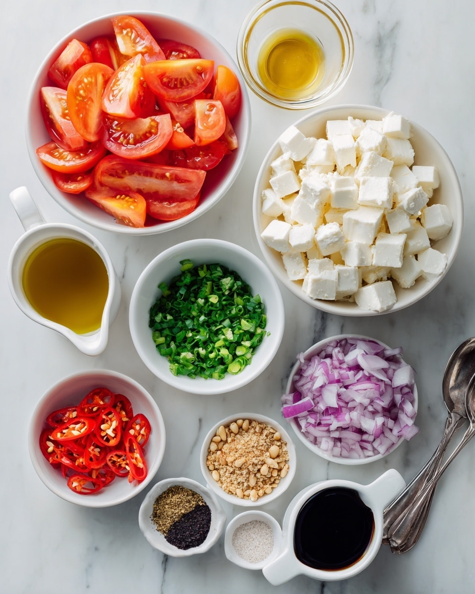 A white bowl filled with vibrant red and orange tomato wedges sits on the top left of a white marbled surface. To its right is another white bowl piled high with soft, white cheese pieces. Below these are smaller white bowls and containers: bright green chopped herbs in two bowls, finely chopped purple onions, a mix of black pepper and salt in a tiny bowl, and bright red chili pieces. There is also a small white cup containing golden olive oil, a white cup with a dark soy sauce, and a clear glass container of pale pine nuts. Two silver spoons on the surface hold a grainy mustard and minced garlic. Everything is arranged neatly in a clean, bright presentation. photo taken with an iphone --ar 4:5 --v 7
