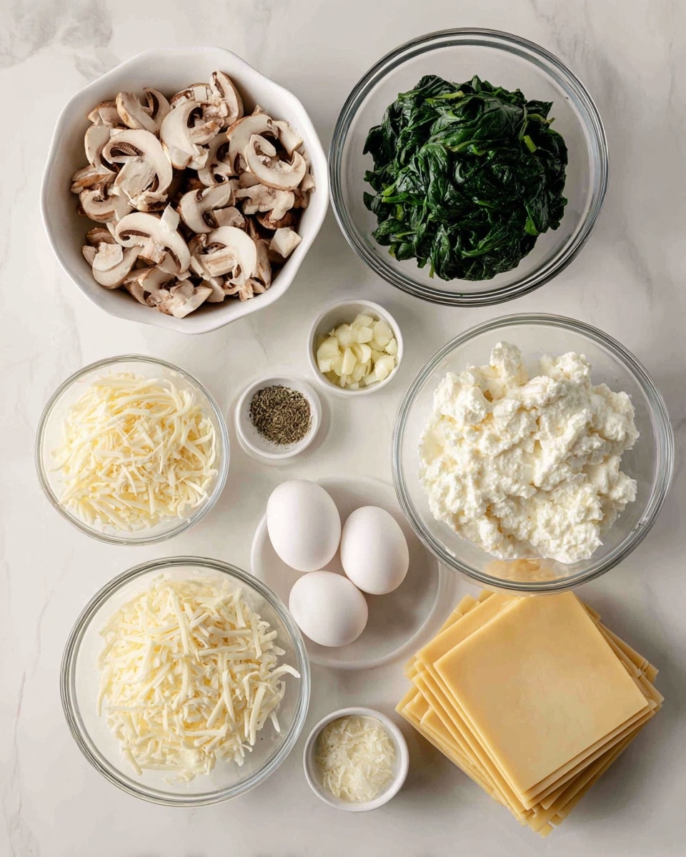 The image shows several white bowls and clear glass bowls arranged neatly on a white marbled surface. There are chopped mushrooms in one white bowl on the left, and next to it a clear bowl with shredded mozzarella cheese. Above are chopped spinach in a glass bowl, and to the right of it, a larger glass bowl filled with white ricotta cheese. Below the spinach is a small white bowl with grated Parmesan cheese, and next to it a tiny white dish with dried herbs. A small white dish holds minced garlic, positioned beside a clear glass bowl filled with chopped onions. On the right side of the image, there are four uncooked lasagna sheets stacked slightly overlapping each other, beside a small white bowl containing two raw whole eggs. Photo taken with an iphone --ar 4:5 --v 7