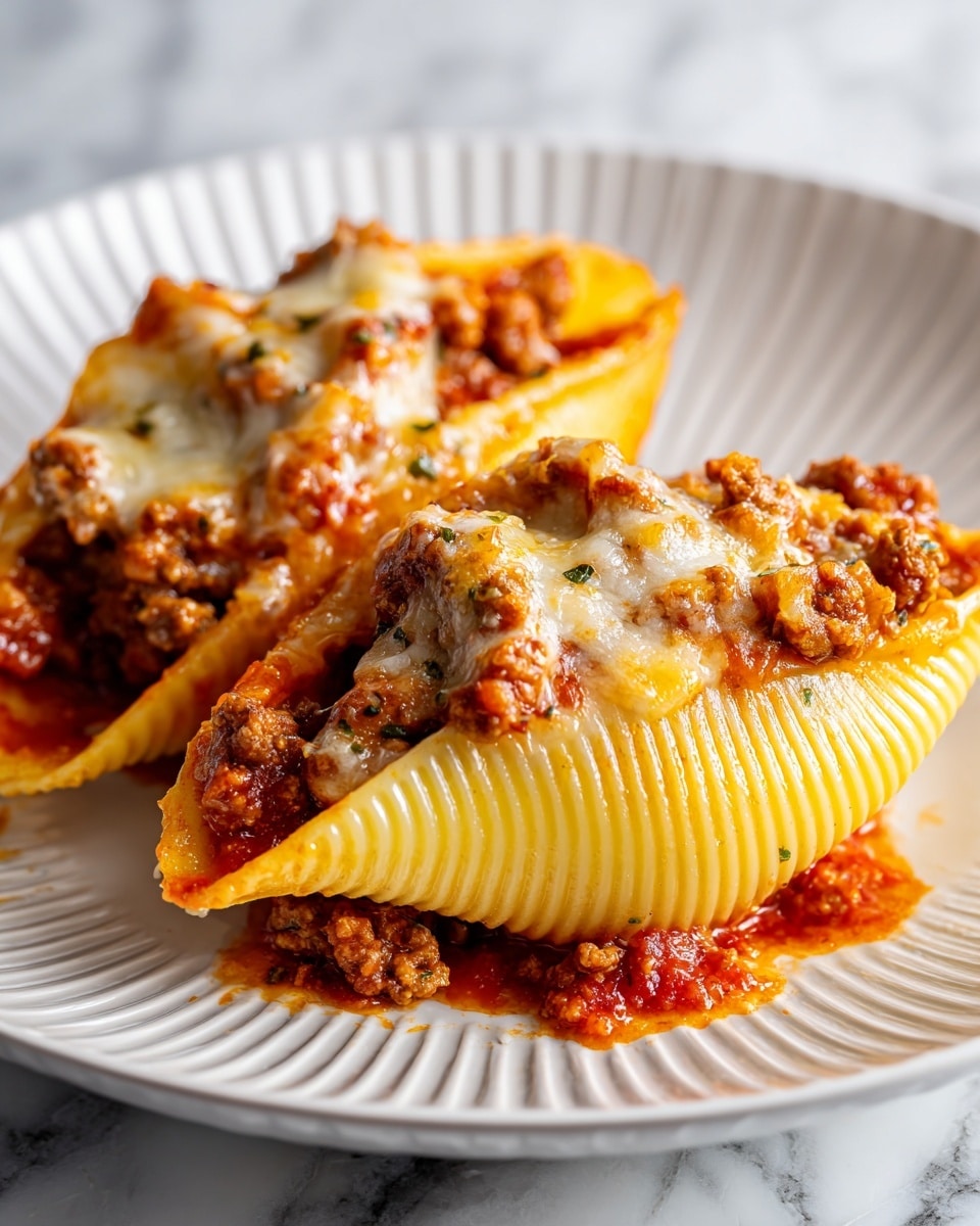 Two large pasta shells filled with a mix of brown cooked meat and cheese sit on a white plate with ridges. The shells are covered with a thick layer of red tomato sauce and melted cheese on top, showing a golden-brown color in spots. Some sauce has spread on the plate under the shells. The pasta shells have yellow ridged edges and are placed close together on the plate. The background is a white marbled surface. photo taken with an iphone --ar 4:5 --v 7
