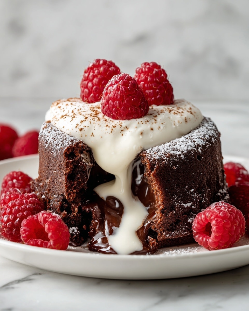 A small, dark brown chocolate cake with a rough texture forms the base layer, slightly cracked on the outside and soft inside, showing a rich, melted chocolate center as a spoon gently scoops from it. On top of the cake, there are two bright red raspberries and a half-cut strawberry with visible seeds and green stem, adding fresh color contrast. The cake sits on a white plate placed on a white marbled surface. A woman's hand with pink nail polish holds the spoon, positioned in the lower right corner. Photo taken with an iphone --ar 4:5 --v 7
