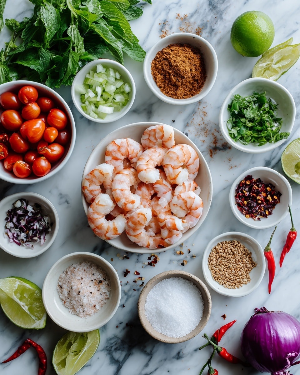 The image shows an arrangement of various fresh ingredients in separate small white bowls, placed on a white marbled surface. In the center, there are seven cooked shrimp with pink and white striped shells, arranged in a circular pattern. Surrounding this, on the left, there are bright red cherry tomatoes, green leafy herbs, lime wedges, and chopped shallots, each in its own white bowl. On the right side, there are bowls filled with brown sugar, crushed red chili flakes, white salt, black pepper, and sesame seeds. A whole purple onion and a few small whole limes and red chili peppers are scattered around the bowls, creating a colorful and fresh look. A woman's hand holds a white bowl with a small portion of salt. photo taken with an iphone --ar 4:5 --v 7
