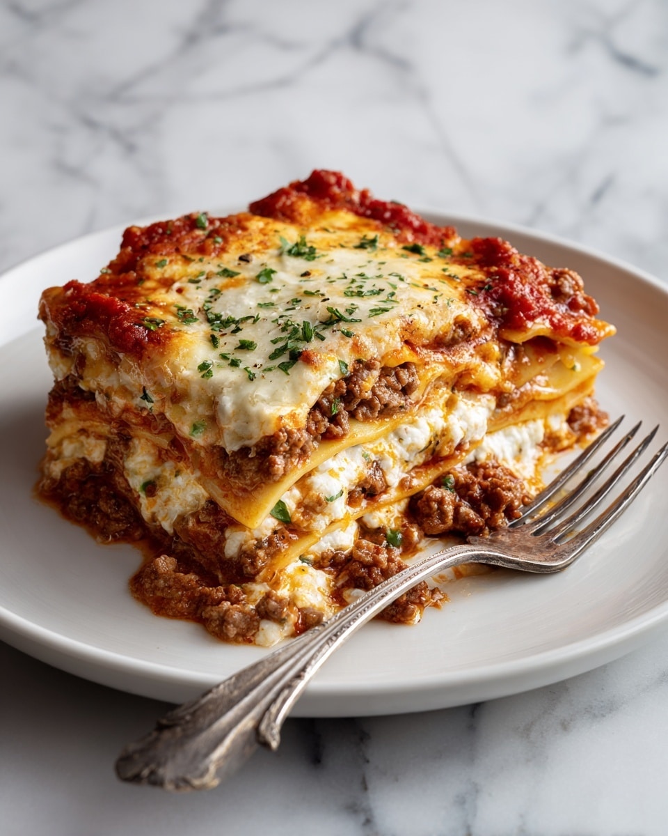 A white plate on a white marbled surface holds a single slice of lasagna. The lasagna has multiple layers including a red tomato sauce on top with melted cheese sprinkled with some herbs. Below the sauce, you see layers of pasta sheets separated by white creamy cheese and a mix of ground meat and small green vegetable pieces. A silver fork rests on the right side of the plate. Photo taken with an iphone --ar 4:5 --v 7