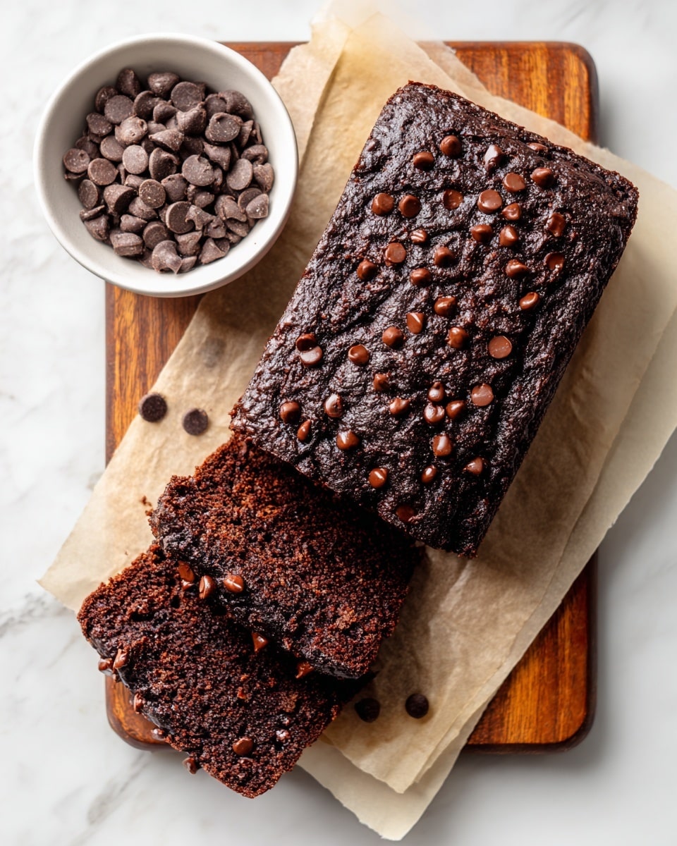 A dark brown chocolate loaf cake with a rough textured top is shown sitting on a white marbled surface lined with light brown parchment paper. The cake is studded with many small shiny chocolate chips scattered evenly across the top. Two thick slices have been cut from one end, revealing the moist, dense, dark interior with a few chocolate chips inside. The loaf is resting on a wooden board underneath the parchment. On the left side, a plain white bowl contains more chocolate chips. Photo taken with an iphone --ar 4:5 --v 7