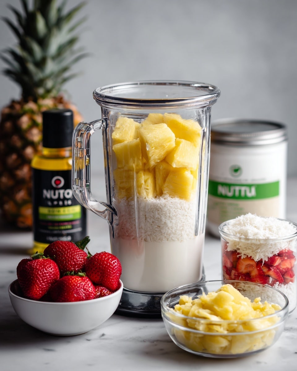The image shows ingredients for a smoothie on a white marbled surface. In the front center, a clear blender jar with a black handle contains two layers: the bottom layer is white coconut milk, and the top layer has large yellow pineapple chunks. To the right, a smaller clear container holds three layers: the bottom layer is white coconut flakes, the middle layer has red strawberry pieces, and the top has more white coconut flakes. Behind these, there are two white small bowls; one filled with whole red strawberries with green stems, and the other with yellow pineapple chunks. A black bottle of Nutiva MCT Oil with green and white labels stands behind the blender jars. Next to it, a white jar of coconut manna with a green lid is visible. Photo taken with an iphone --ar 4:5 --v 7
