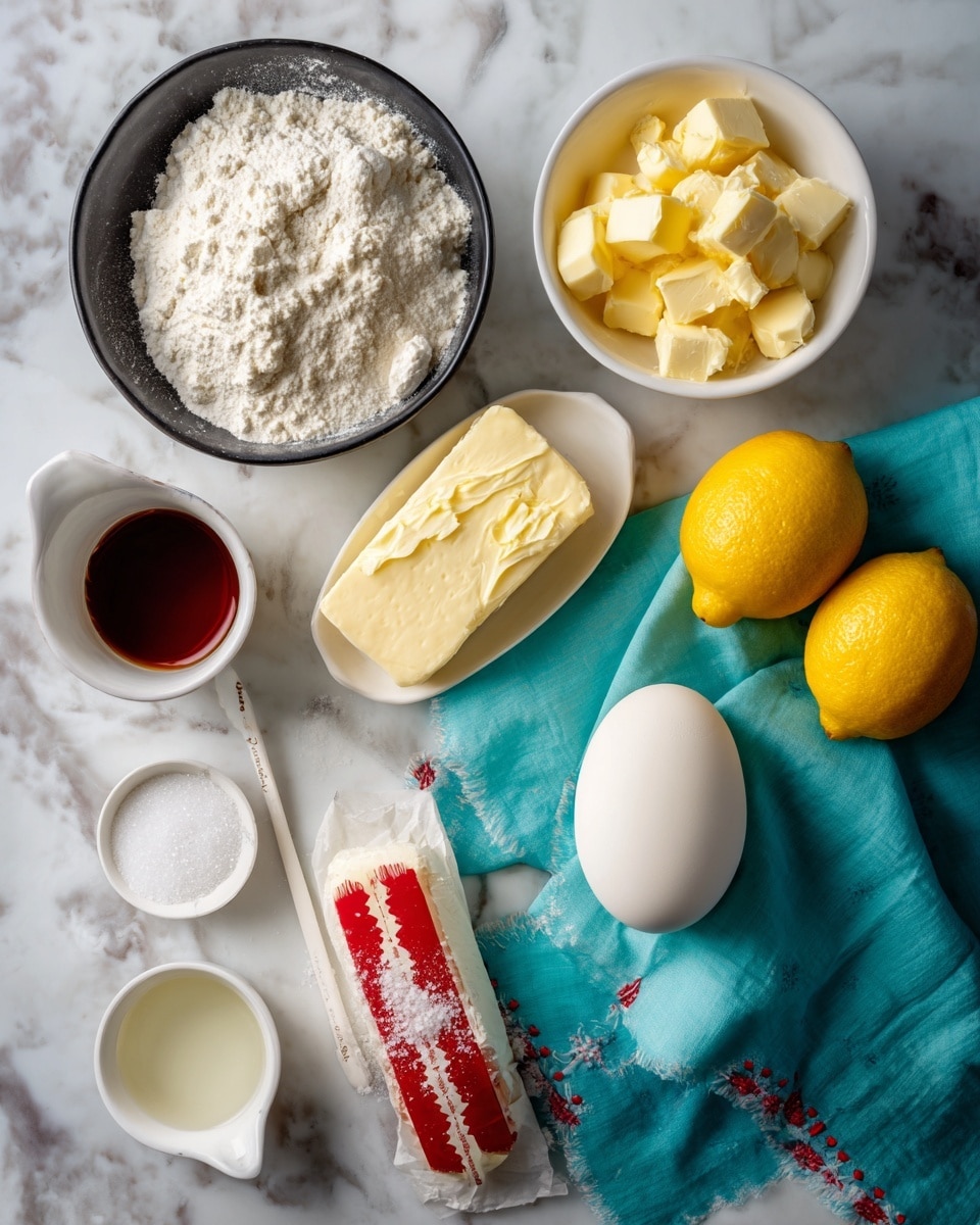 The image shows several baking ingredients arranged on a white marbled surface. There is a black bowl filled with white flour in the top left, a small white bowl with light yellow butter pieces next to it, and a small white bowl with softened yellow butter. Three whole yellow lemons are placed to the right of the bowls, partly on a turquoise cloth with red and white stitching. Below, there is a white oval egg, a stick of butter wrapped in parchment with red details, a measuring cup filled with white granulated sugar, and a small white spoon with a dark vanilla extract. A small white bowl with a clear liquid and a tiny white bowl with white salt are also present. photo taken with an iphone --ar 4:5 --v 7