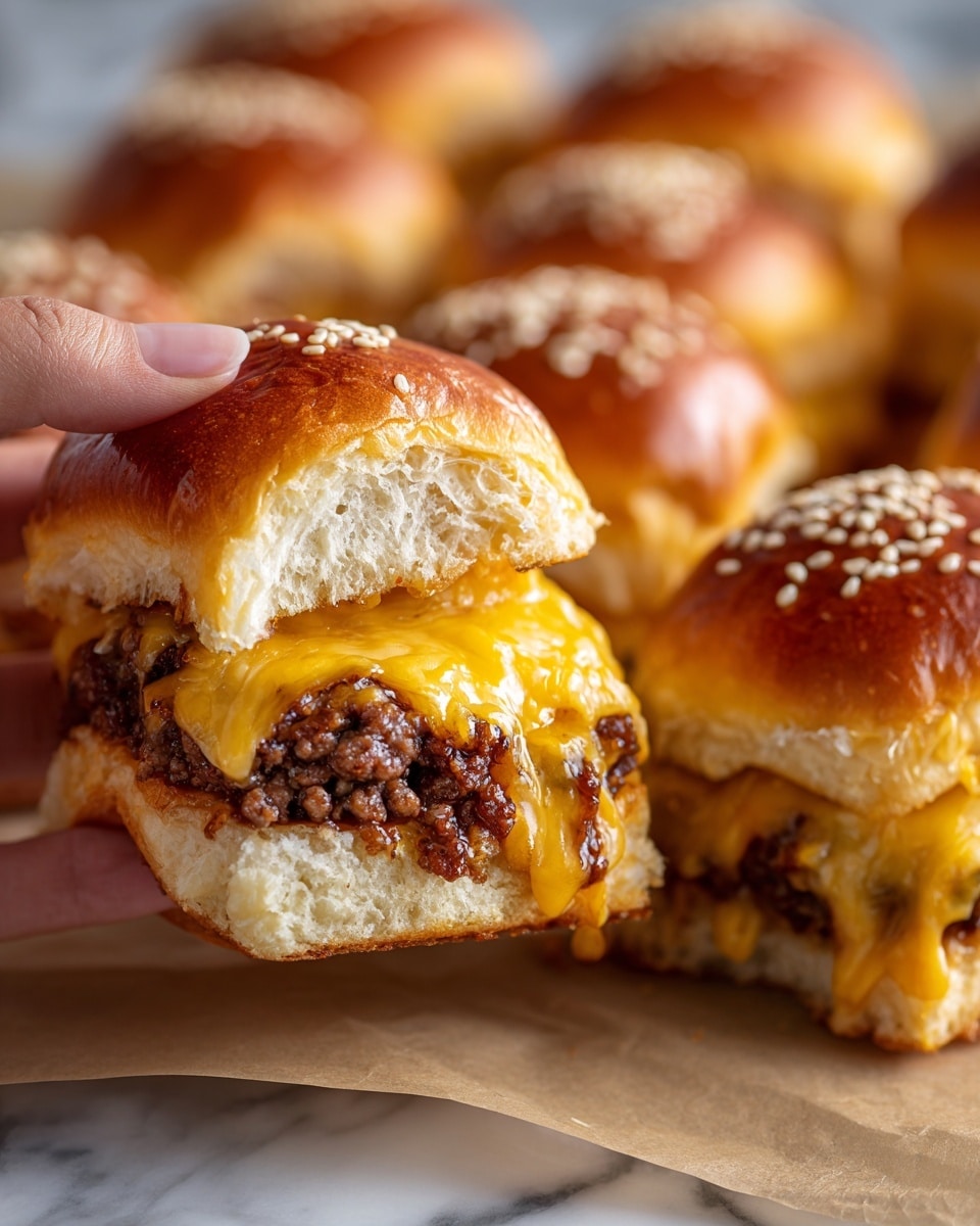 The image shows a set of twelve small square cheeseburger sliders arranged in a 3 by 4 grid on crumpled brown parchment paper, placed on a white marbled background. Each slider has a soft, golden-brown sesame seed-topped bun with shiny, smooth texture. Inside each bun, there is a layer of cooked ground beef with a slightly crumbly texture, topped with melted bright orange cheddar cheese that stretches slightly between some sliders, especially noticeable in the top left and middle right sliders. One slider on the right side is slightly pulled away showing the layers clearly. Surrounding the sliders are scattered shredded cheddar cheese in bright orange and pickles with ridged textures, both on the parchment and in a white bowl near the top right corner. The overall scene looks warm and inviting. Photo taken with an iphone --ar 4:5 --v 7