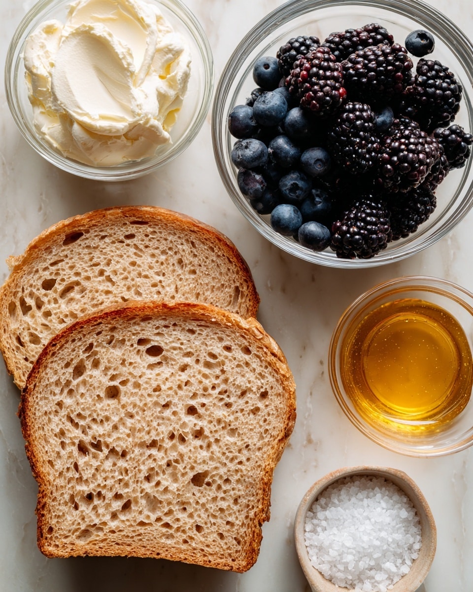 Two slices of light brown bread rest side by side on a white marbled surface, showing a soft and airy texture with small holes. To the right, a clear glass bowl holds a mix of dark blackberries with bumpy texture and deep blue blueberries with smooth skins. Below the berries, another clear glass bowl contains creamy white cheese or spread, smooth with soft folds. Next to it, on the right, is a smaller clear glass bowl filled with golden honey. Above the bowls is a small clear dish with coarse white salt crystals. The arrangement is neat and simple, with natural colors standing out against the white marbled background, photo taken with an iphone --ar 4:5 --v 7