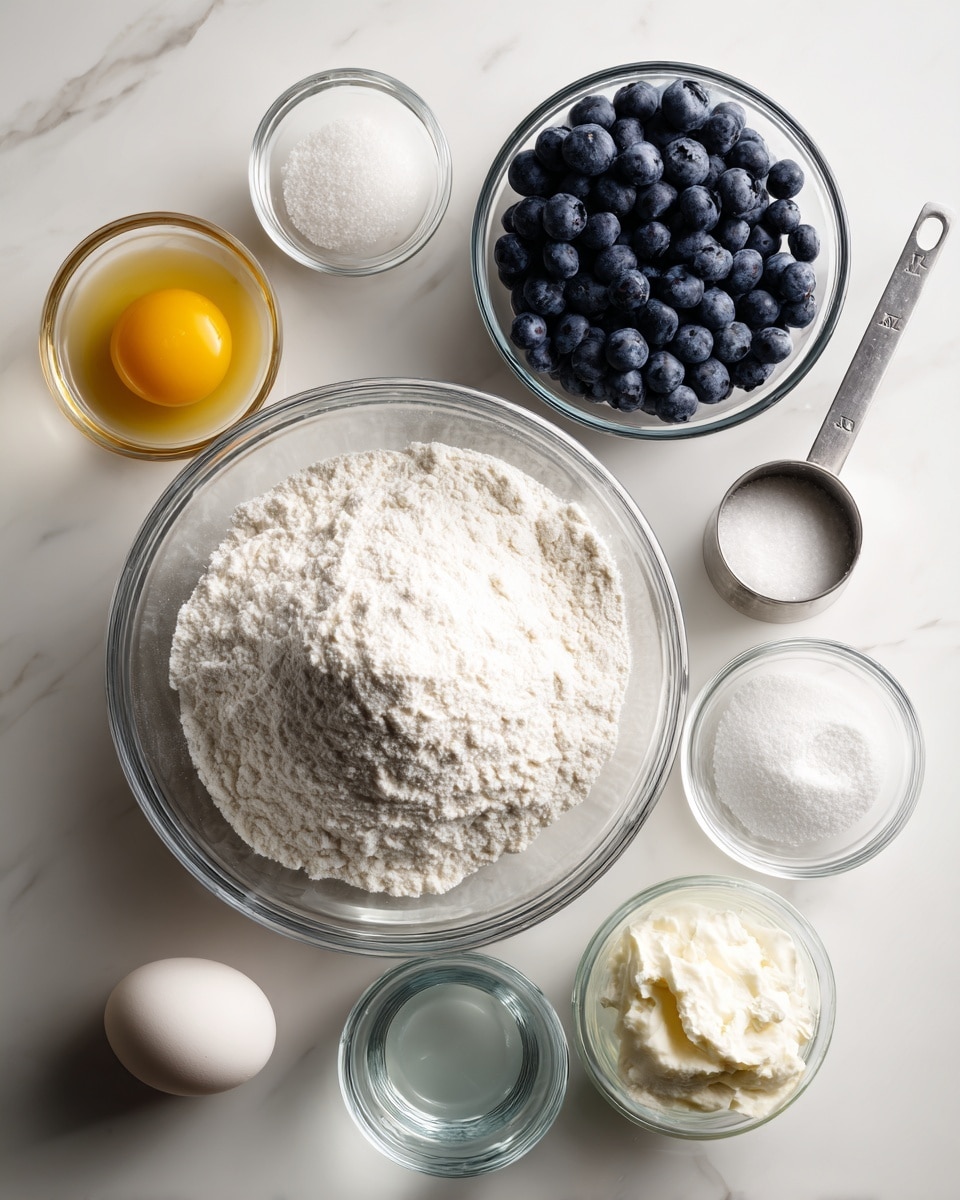 The image shows a top view of ingredients placed in clear glass bowls arranged neatly on a white marbled surface. In the center is a large bowl filled with white flour, with a smaller glass bowl of fresh blueberries to its right. A metal measuring cup with granulated white sugar is next to the blueberries. Surrounding the main bowl are smaller bowls containing an egg, milk, sour cream, baking powder, and a small amount of water, all in clear glass or small cups. Each ingredient is separate and clearly visible. The lighting is bright and natural. Photo taken with an iphone --ar 4:5 --v 7