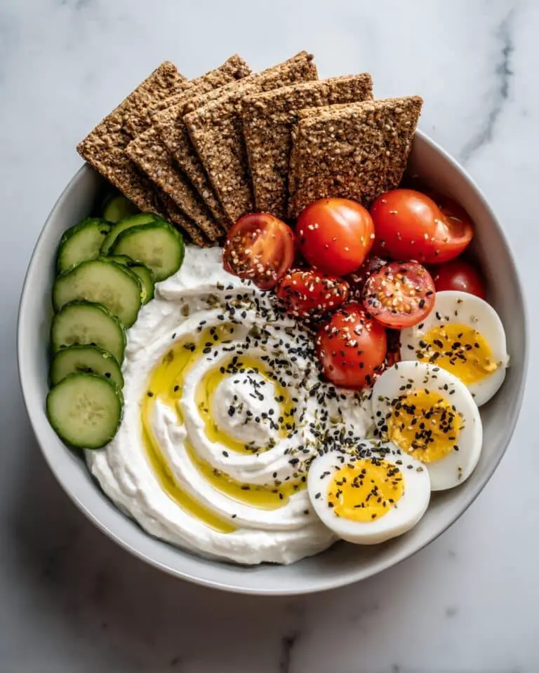 Savory Yogurt Bowl with Crackers, Cherry Tomatoes, Egg, and Cucumber Recipe