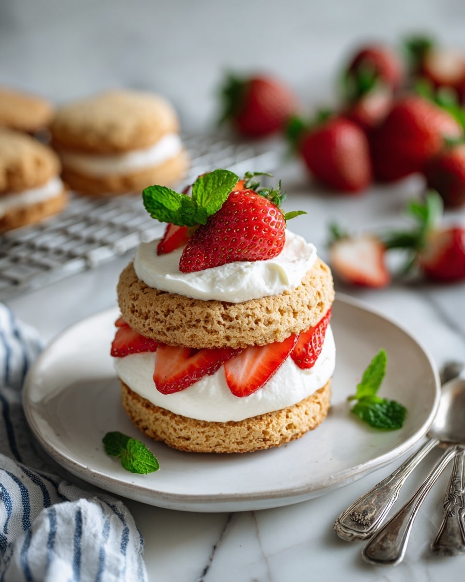 A stack of two round, golden, slightly crumbly biscuit layers with soft texture sits in the center of a white plate. Between the layers and on top, there is a thick, white cream with a smooth texture. Bright red strawberry halves are placed on the cream in the middle and on top of the biscuit stack. Small fresh green mint leaves are used as garnish on the top strawberry and around the stack on the plate. In the background, there are more golden biscuits on a metal cooling rack and scattered fresh whole strawberries with mint leaves on a white marbled surface. Two vintage silver spoons lie nearby, and a striped blue and white cloth is partially visible on the side. photo taken with an iphone --ar 4:5 --v 7