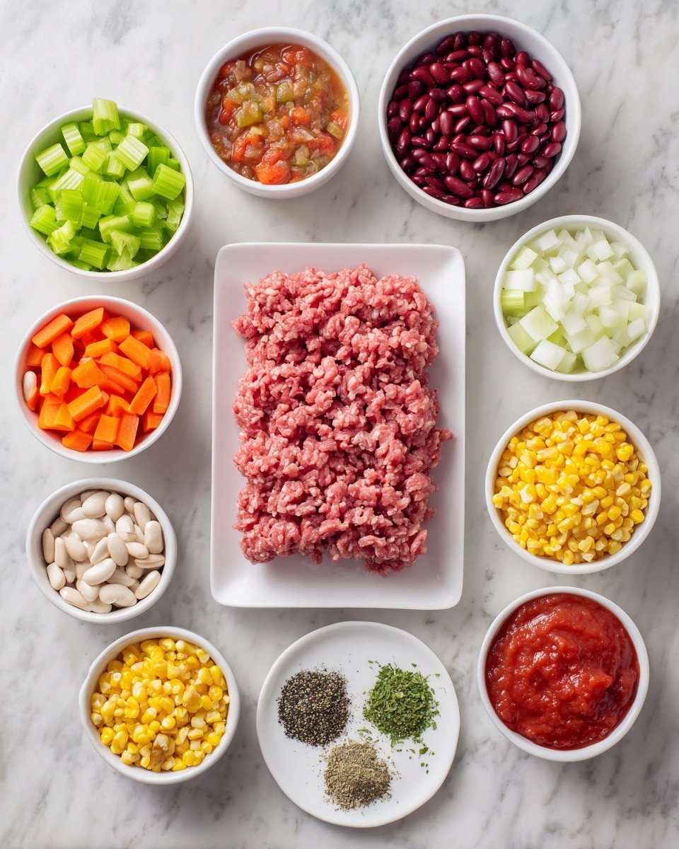 The image shows various ingredients neatly arranged on a white marbled surface. In the center, there is a white plate with raw ground meat placed in a rectangular shape. Surrounding it are small white bowls filled with chopped green celery, diced orange carrots, white chopped onions, yellow corn kernels, red kidney beans, white beans, diced red tomatoes, tomato sauce, and minced garlic. Also visible are several small piles of dried herbs or spices on the table, including green and black specks, placed on a white plate. The colors are bright and varied, with the fresh vegetables and beans creating a colorful and organized display. Photo taken with an iphone --ar 4:5 --v 7