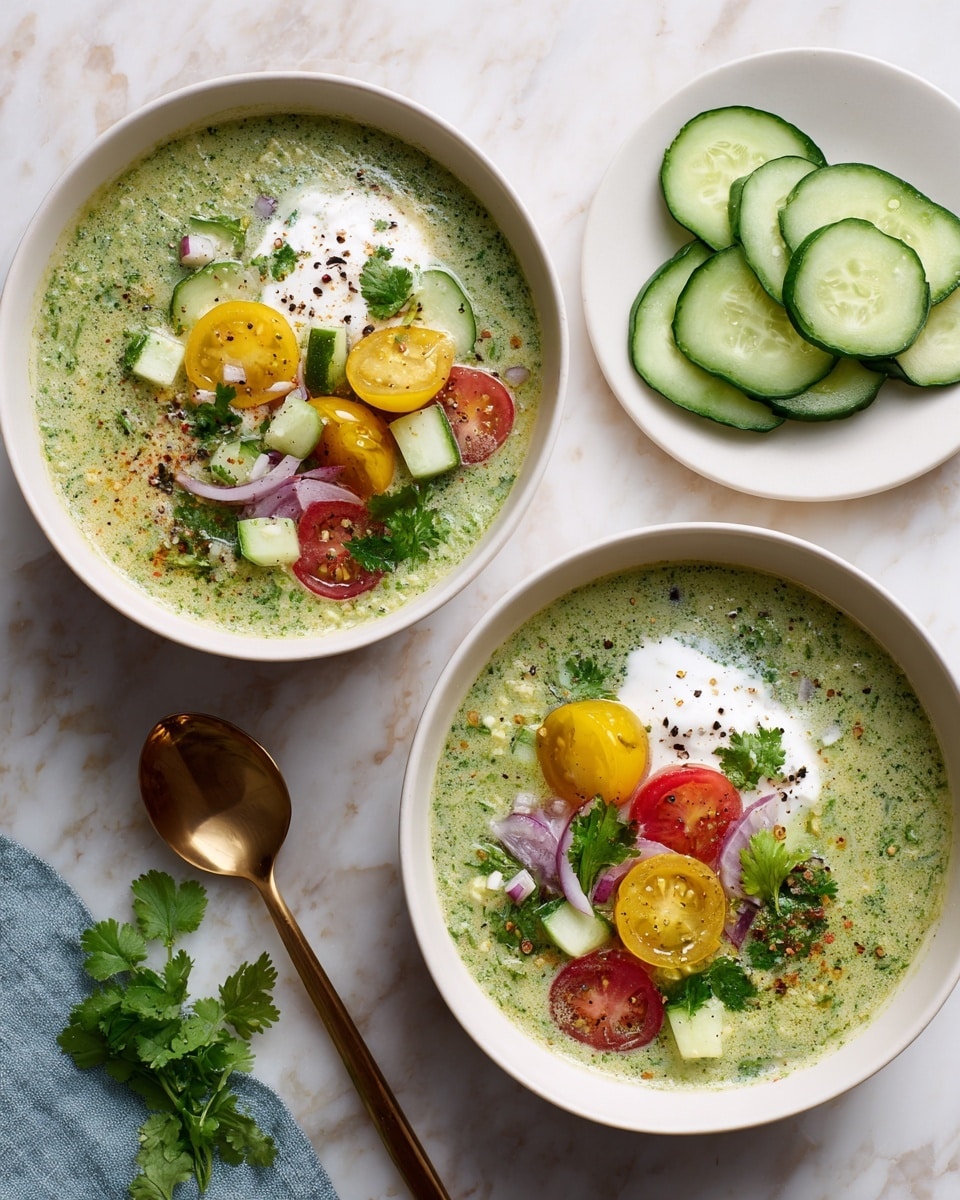 Two white bowls sit on a white marbled surface, each filled with a green, chunky soup that looks creamy and textured with small bits of herbs or vegetables. On top of the soup, there is a layer of bright yellow cherry tomato halves, diced green cucumber pieces, and finely chopped red onion. Each bowl also has a dollop of white cream or yogurt, sprinkled with a little black pepper. Near the bowls, a small white plate holds neatly arranged slices of cucumber. A gold spoon and some fresh green cilantro leaves are placed on the marbled surface around the bowls. Photo taken with an iphone --ar 4:5 --v 7