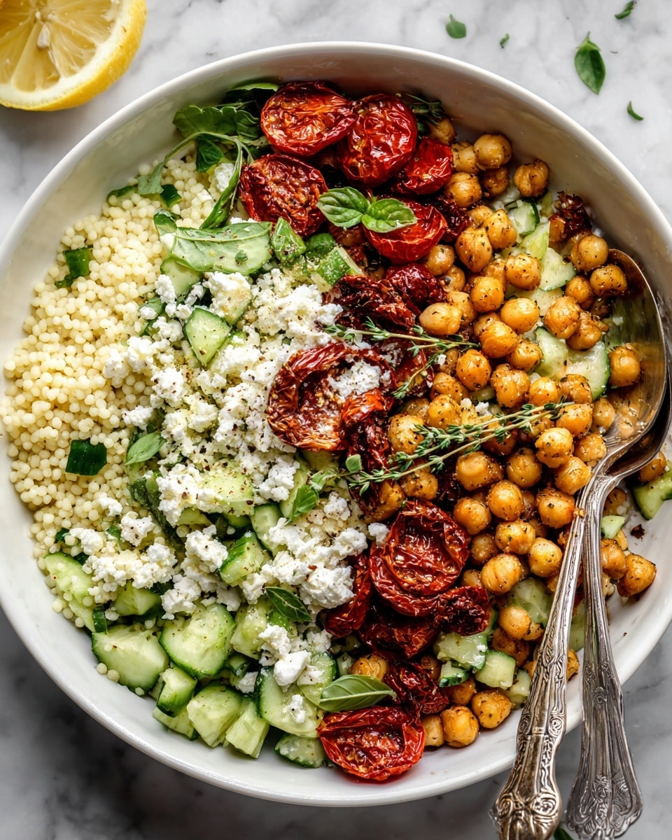 A white bowl filled with a fresh couscous salad showing multiple layers, starting with small round couscous pearls forming the base layer, mixed with small bright green cucumber slices and scattered roasted golden brown chickpeas. On top, there are halved red cherry tomatoes and sun-dried tomatoes with a wrinkled texture, along with small white crumbles of cheese spread evenly. Fresh green basil and thyme leaves are scattered across the dish adding splashes of dark green. Two silver spoons rest inside the bowl on the right side. The bowl sits on a white marbled surface with part of a lemon visible at the bottom left photo taken with an iphone --ar 4:5 --v 7