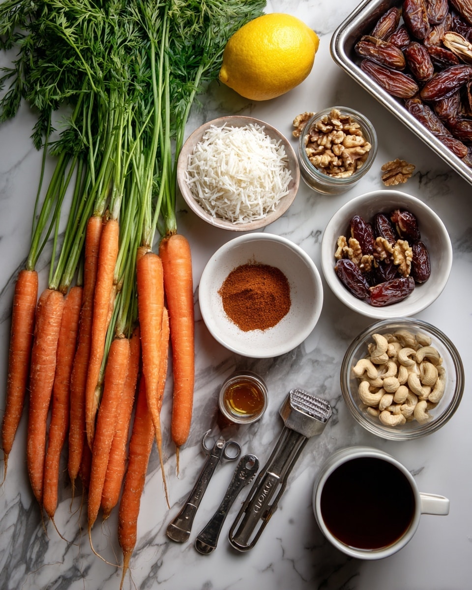 The image shows a white marbled surface with fresh carrots on the left side, their green tops still attached. Above the carrots is a whole lemon. Near the top right, there is a metallic loaf pan. To the right of the carrots, three white bowls hold different ingredients: chopped walnuts, shredded coconut, and whole dates in separate bowls. Scattered near the bowls are metal measuring spoons with a reddish-brown powder, likely a spice, a small jar of ground cinnamon, a small cup of maple syrup, and a measuring cup filled with cashews. A small white cup filled with dark liquid, possibly vanilla or coffee, is placed in the lower part of the image, along with a metal vegetable peeler. Everything is laid out neatly in preparation for cooking. Photo taken with an iphone --ar 4:5 --v 7