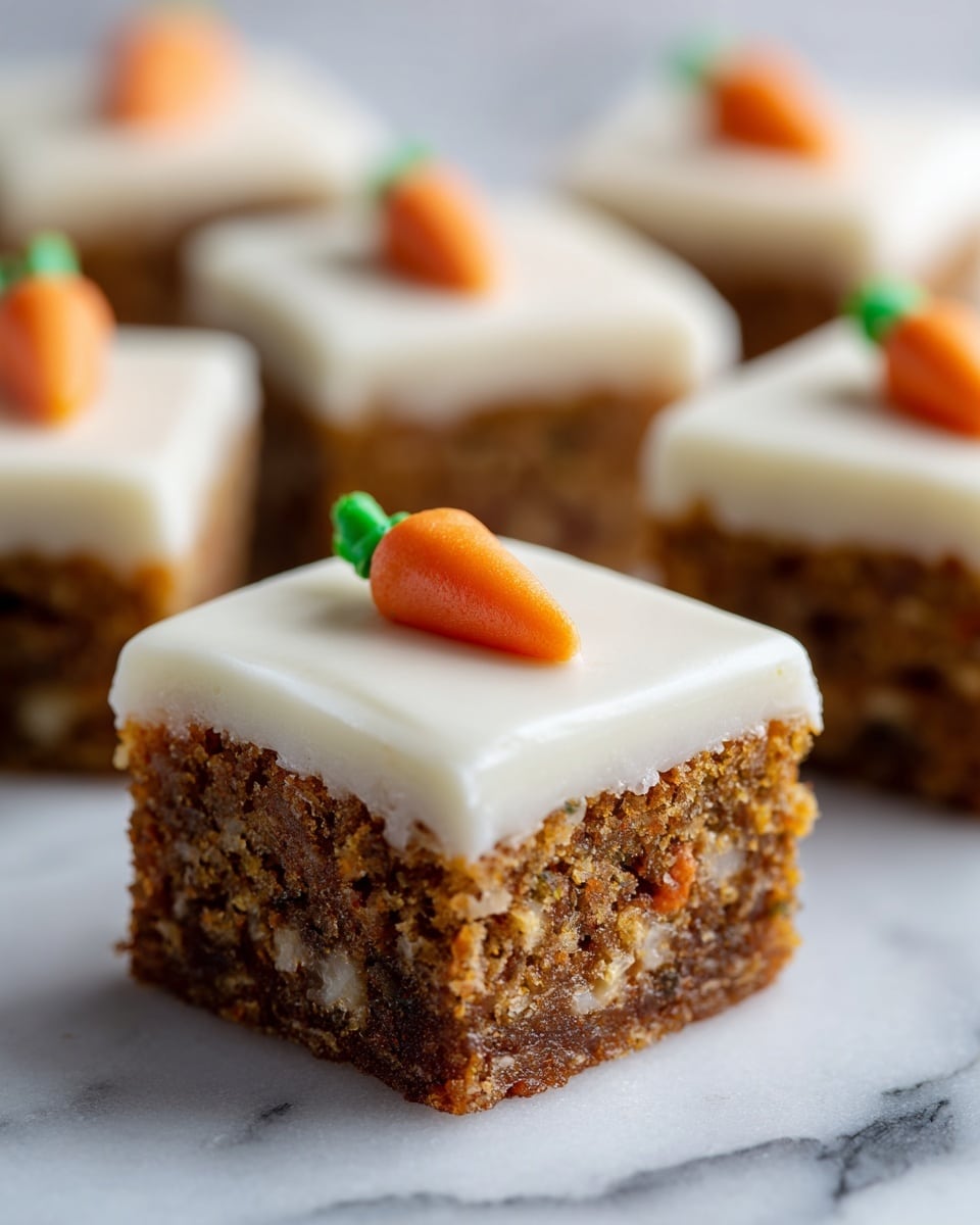 The image shows square pieces of carrot cake with two clear layers: the bottom layer is moist brown cake with visible small orange carrot bits, and the top layer is thick, smooth white frosting. Each piece is decorated with a small, bright orange carrot-shaped icing on the center of the frosting. The cakes are placed on a white marbled surface, and the focus is on the front piece, with the others blurred in the background. photo taken with an iphone --ar 4:5 --v 7