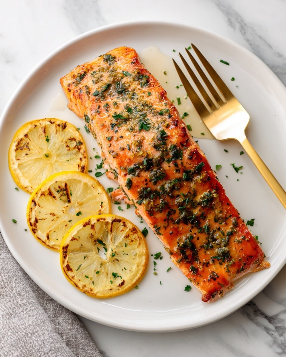 A cooked salmon fillet sits in the center of a white plate, its surface a bright orange-pink with a slightly shiny, glazed texture from herbs and oil. The salmon is covered with finely chopped green herbs scattered evenly on top. To the left of the salmon are four thin lemon slices with light grill marks, showing a yellow color with golden brown spots. A gold fork rests on the right side of the plate, partially under the salmon, the top of the fork visible with one prong piercing the salmon. The plate is placed on a white marbled surface. photo taken with an iphone --ar 4:5 --v 7