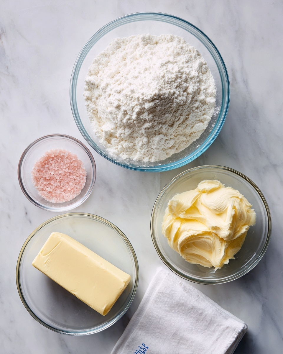 The image shows four clear glass bowls placed on a white marbled surface. The largest bowl contains a heap of white flour with a powdery texture. To its right, a medium bowl is filled with a creamy, pale yellow substance with a smooth texture, likely butter. Above these, a small bowl holds a tiny amount of pink salt with a fine, grainy look. Next to all the bowls is a rectangular stick of butter wrapped in pale yellow paper with blue letters. A white cloth rests on the bottom right corner. The photo taken with an iphone --ar 4:5 --v 7