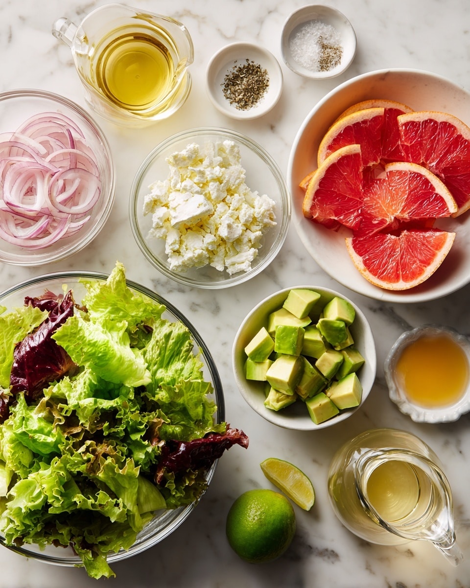 A top view of various ingredients for a fresh salad arranged neatly on a white marbled surface includes a large clear glass bowl filled with mixed green leafy lettuce, a small clear glass bowl with thinly sliced light pink shallots, another small clear glass bowl with light green cubed avocado, a medium clear glass bowl holding bright red blood orange pieces, a small white bowl containing crumbled white cheese, a tiny white plate with lime zest, coarse salt, and black pepper separated in small piles, a small white bowl with golden honey, a small clear glass cup with clear liquid, and a small clear glass pitcher filled with light yellow olive oil photo taken with an iphone --ar 4:5 --v 7
