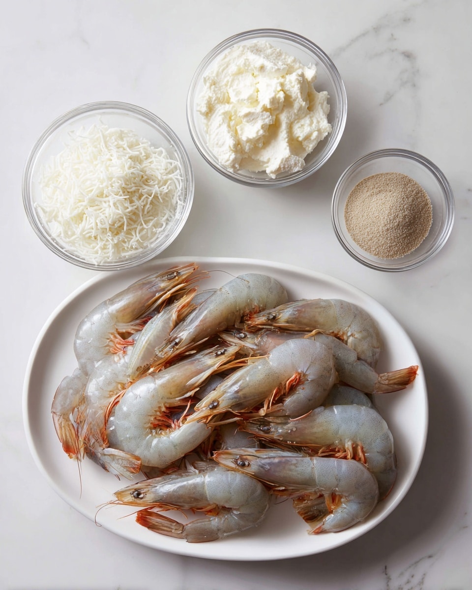 A white oval plate filled with raw grey shrimp, some showing orange hints on the tails, arranged in a scattered way, sits on a white marbled surface. Above the plate, there are three small clear glass bowls: one filled with white shredded cheese, another with cream cheese, and the third with a light brown powder. All items are neatly placed with clear textures visible on the shrimp and cheese. photo taken with an iphone --ar 4:5 --v 7