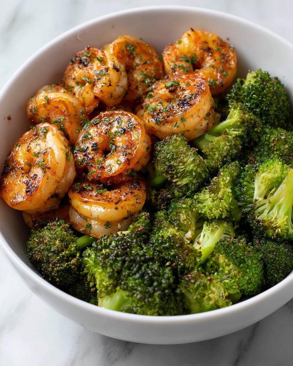 A white bowl filled with two main layers: the bottom layer is bright green broccoli florets, with a slightly rough texture and small buds, and the top layer consists of golden brown shrimp with a hint of char marks. The shrimp are plump, shiny, and coated with small green herb pieces, evenly spread over the broccoli. The bowl is set on a white marbled surface. photo taken with an iphone --ar 4:5 --v 7