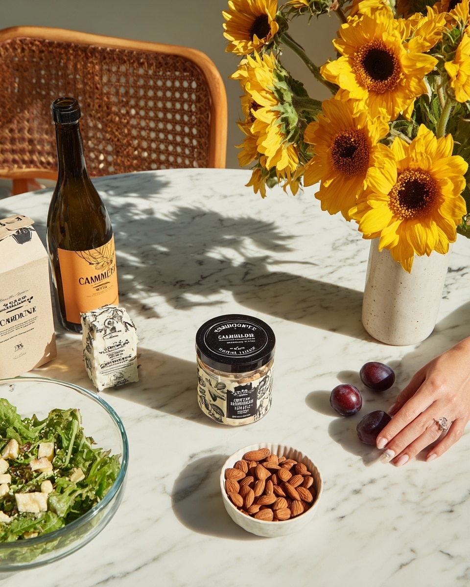 The image shows a white marbled surface with a glass bowl of green leafy salad on the left side, a few unpeeled red plums next to the right, and a small white bowl filled with almonds on the front left. In the middle, there is a package with a label reading