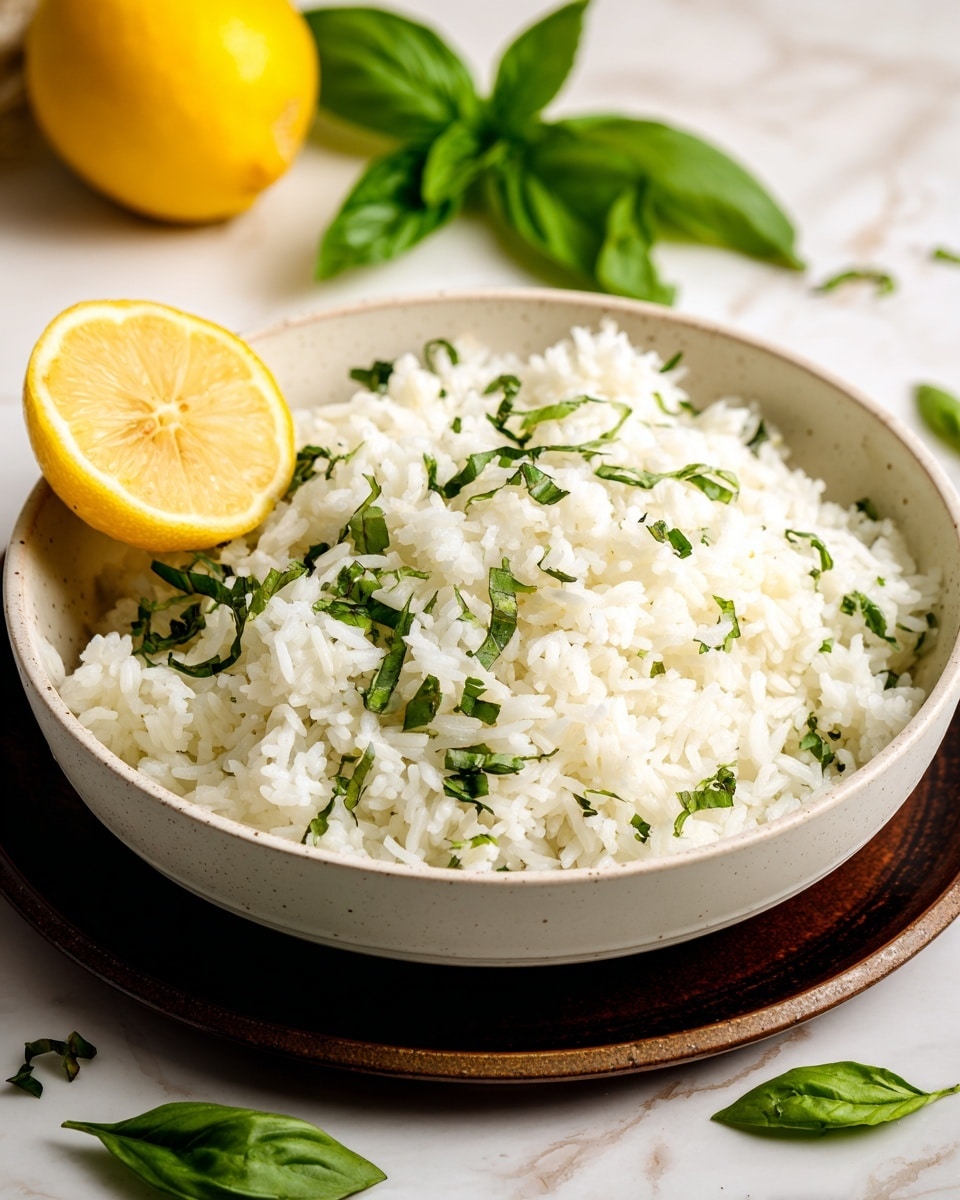 A white bowl filled with cooked white rice mixed with small green herb pieces, placed in the center of the image on a dark round plate, all set on a white marbled surface. The rice is topped and garnished with fresh green basil leaves scattered around, and one half yellow lemon positioned on the left side inside the bowl. In the background, on the white marbled surface, there is a half lemon, a whole lemon, and some basil leaves. Photo taken with an iphone --ar 4:5 --v 7