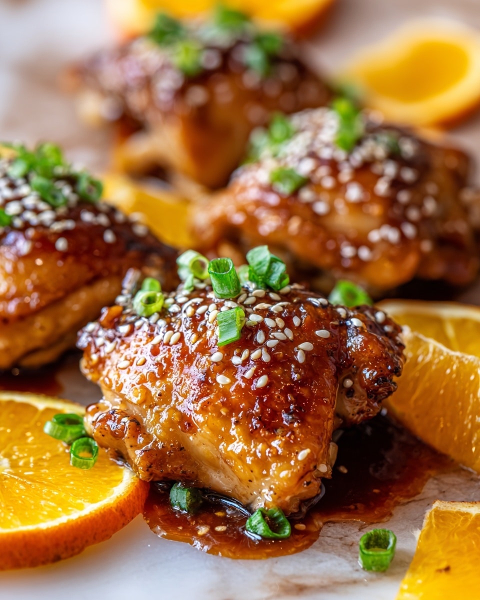 The image shows golden-brown cooked chicken pieces with a shiny glaze on top, sprinkled with light sesame seeds and chopped green onion pieces. Around the chicken, there are bright orange slices placed closely. The texture of the chicken looks slightly crispy on the edges and tender inside. The dish is displayed on a white marbled surface that adds a clean and fresh look to the image. photo taken with an iphone --ar 4:5 --v 7