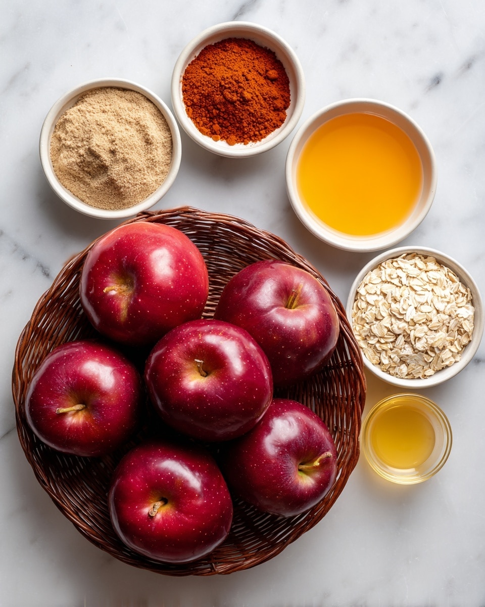 The image shows a brown basket filled with seven shiny red apples, placed on a white marbled surface. Around the basket, five small white bowls hold different ingredients: one has a light brown powder, another bright orange liquid, the third a darker brown powder, the fourth has oatmeal flakes, and the last bowl contains a clear yellow liquid. The textures of the ingredients vary from smooth liquids to coarse powders and flakes. photo taken with an iphone --ar 4:5 --v 7