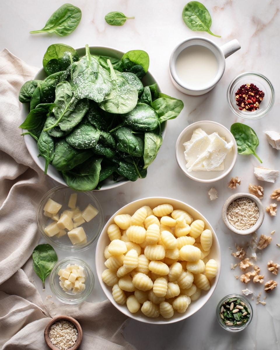 The image shows a white bowl filled with small, light yellow gnocchi pieces placed in the lower left area of the scene. Above it, a larger white bowl contains fresh green spinach leaves, slightly shiny with water droplets. To the right of the spinach bowl, there is a white cup filled with a white liquid, likely cream or milk. Scattered around the bowls are small glass containers and bowls with various ingredients: red flakes, white seasoning, green herbs, small cubes of light yellow cheese, and a small bowl of seeds. A beige cloth rests under and around some of the bowls on a white marbled surface. A woman's hand is gently holding the spinach bowl from the right side. The overall color palette is soft with greens, whites, and light yellows, giving a fresh and simple look. photo taken with an iphone --ar 4:5 --v 7