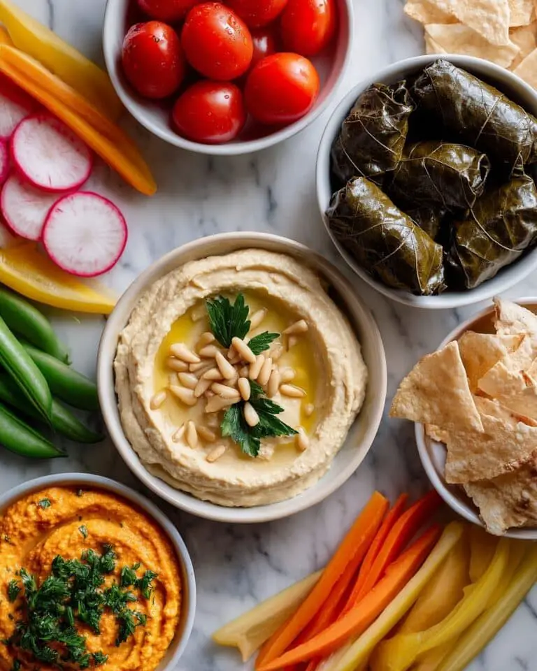 Hummus Board with Fresh Vegetables and Grape Leaves Recipe