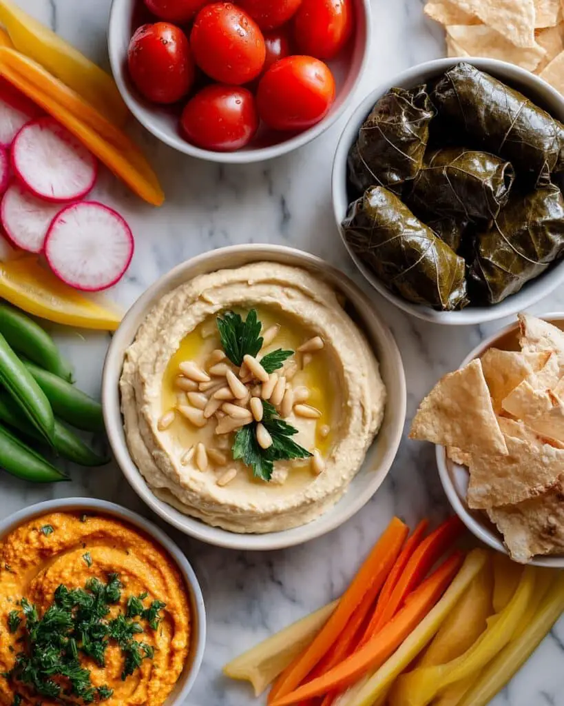 Hummus Board with Fresh Vegetables and Grape Leaves Recipe