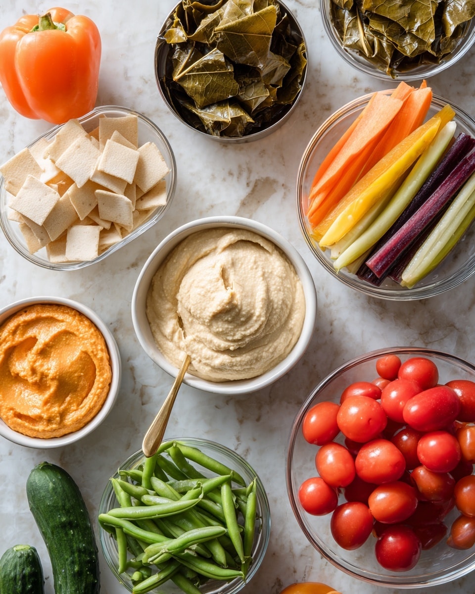 The image shows a collection of fresh and prepared foods arranged on a white marbled surface. In the center, there is a white bowl filled with smooth light beige hummus with a golden spoon inside. Below it to the left, another white bowl holds a thick orange spread. To the left side, a clear bowl contains square tan pita chips. Above that, a bright orange bell pepper is placed. Above the plate of hummus, an open can shows tightly packed grape leaves in dark green. To the upper right of the hummus, a clear bowl holds long, thin, multicolored vegetable sticks in pale green, yellow, and orange tones. To the far right, a clear bowl is filled with fresh green snap peas. Below the peas, a clear bowl contains vibrant red grape tomatoes. Close to the bottom right corner, two small dark green cucumbers rest on the surface beside the tomato bowl. Behind the tomato bowl, a cluster of long, thin carrots in orange, yellow, and purple shades lies on the marbled surface. Photo taken with an iphone --ar 4:5 --v 7