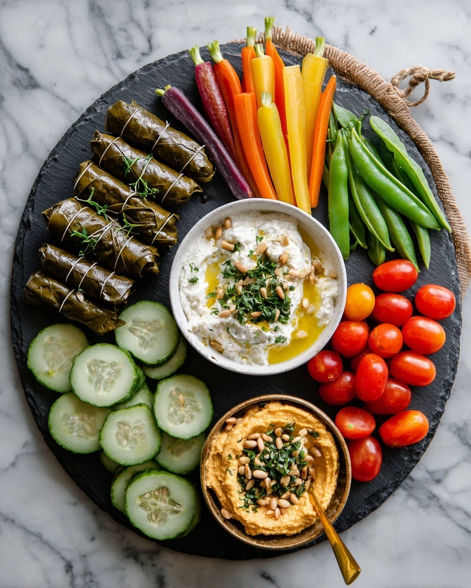 A white bowl of creamy light beige hummus topped with pine nuts, parsley leaves, and a drizzle of olive oil sits near the top right, next to bright red grape tomatoes. Below it, a white bowl filled with dark green stuffed grape leaves is on the bottom right. In the bottom center, light brown crispy pita chips rest next to a white bowl of orange hummus garnished with green parsley. Surrounding the bowls are fresh green snap peas, thin orange, white, and purple baby carrots, pink radish slices, yellow and orange bell pepper strips, and long, thin crunchy vegetable sticks in pale yellow and orange. All items are on a white marbled surface. photo taken with an iphone --ar 4:5 --v 7
