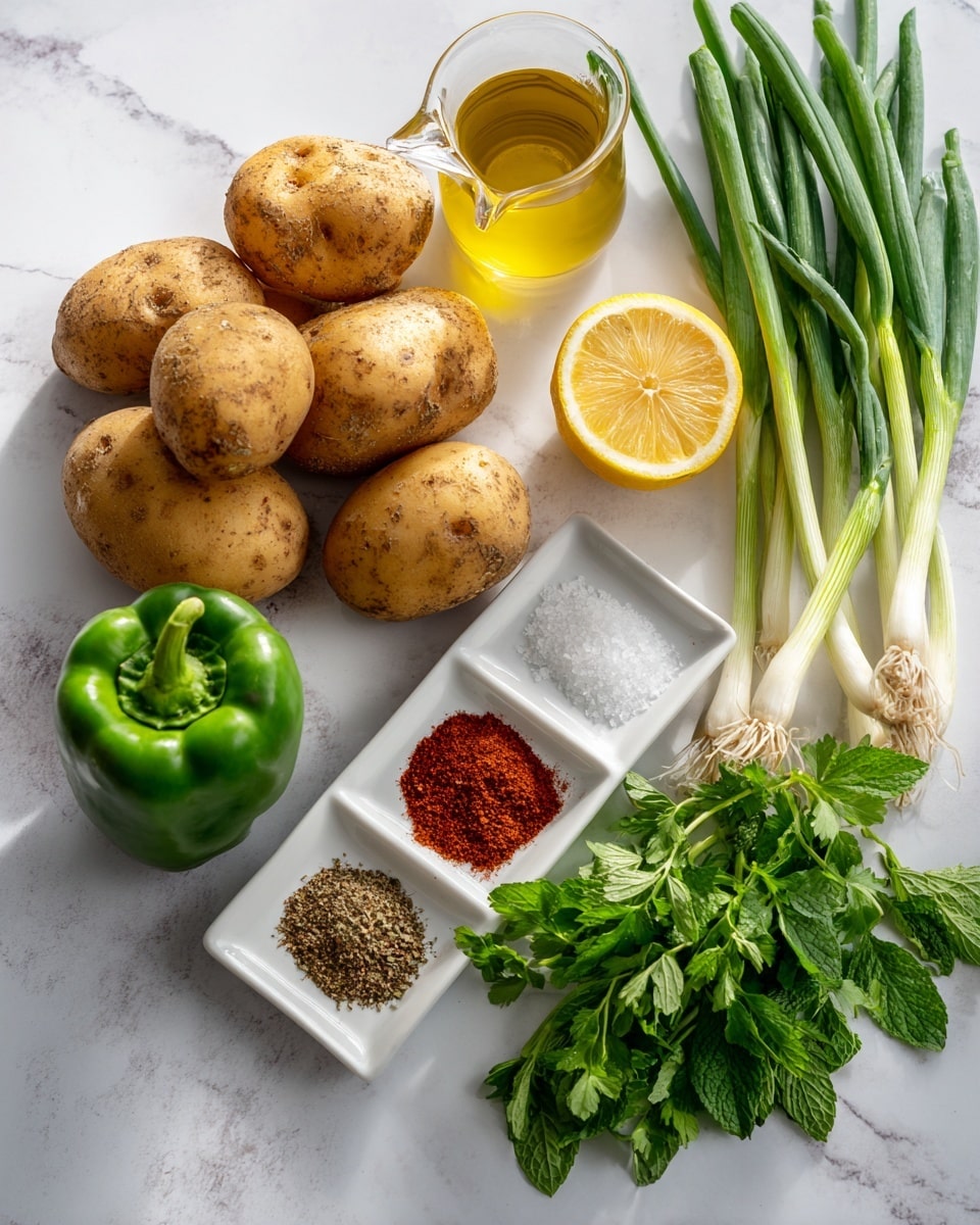The image shows five light brown russet potatoes with rough skins arranged in a loose cluster on a white marbled surface. To their right is a bunch of long green onions with white bulbs at the ends. Below the potatoes, a fresh green bell pepper sits next to bright green leaves of parsley and mint, which show a mix of smooth and textured surfaces. Above the potatoes is a half lemon showing the bright yellow inside with a visible white center. Near the lemon is a small clear glass pitcher filled with golden olive oil. To the left side of the potatoes, a small white square dish holds three piles of seasonings: coarse white salt, brownish-red chili powder, and dark reddish paprika. The scene is well-lit, clean, and arranged neatly for a fresh and natural look. Photo taken with an iphone --ar 4:5 --v 7