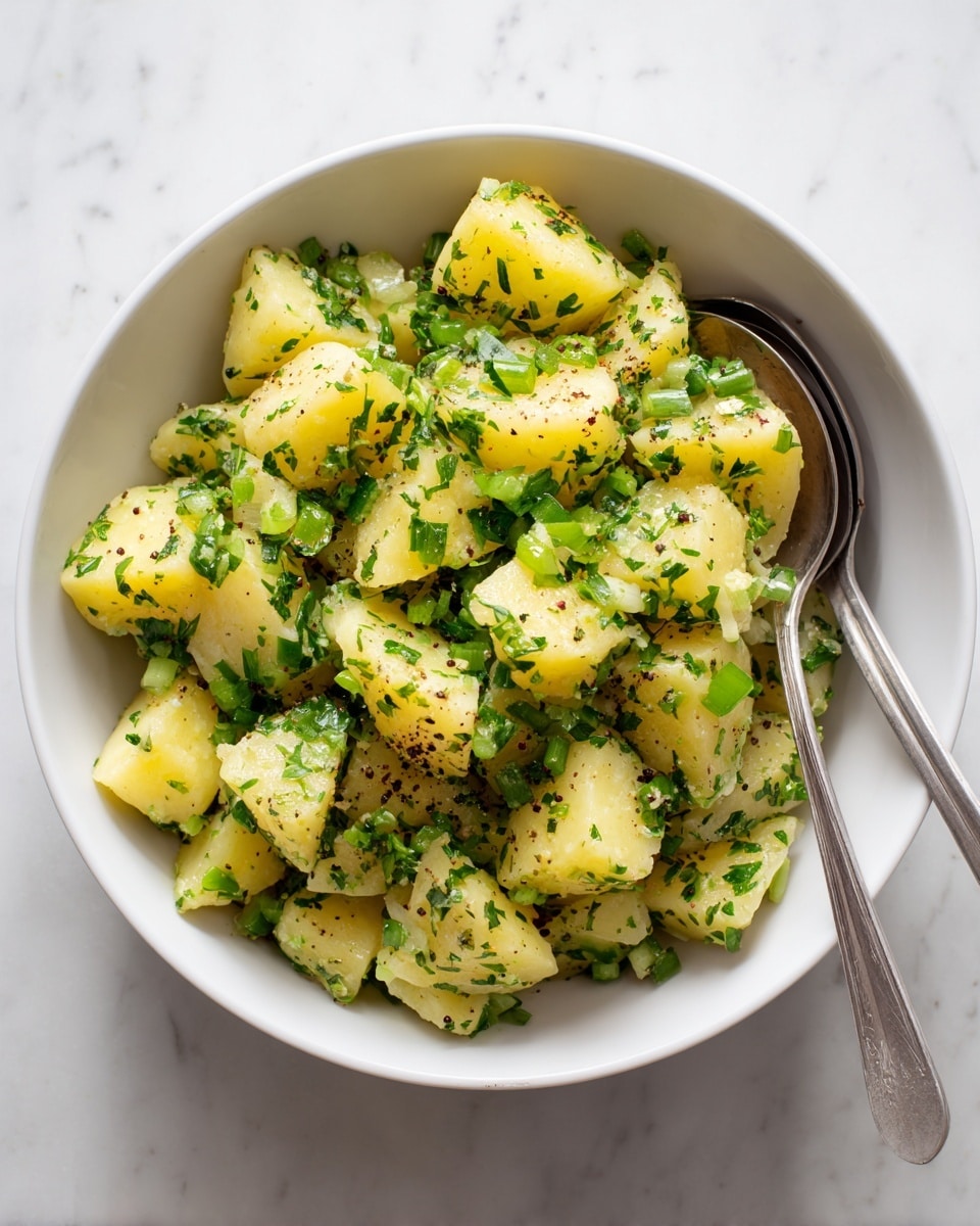 A white bowl filled with uneven chunks of yellowish boiled potatoes mixed with finely chopped green herbs and small pieces of green vegetables scattered throughout. The potato pieces have a soft, slightly crumbly texture and appear lightly coated with seasonings, including scattered dark specks of black pepper or another spice. Two metal spoons rest on the right side of the bowl, partially inside the dish. The bowl sits on a white marbled surface, creating a clean and bright background. photo taken with an iphone --ar 4:5 --v 7