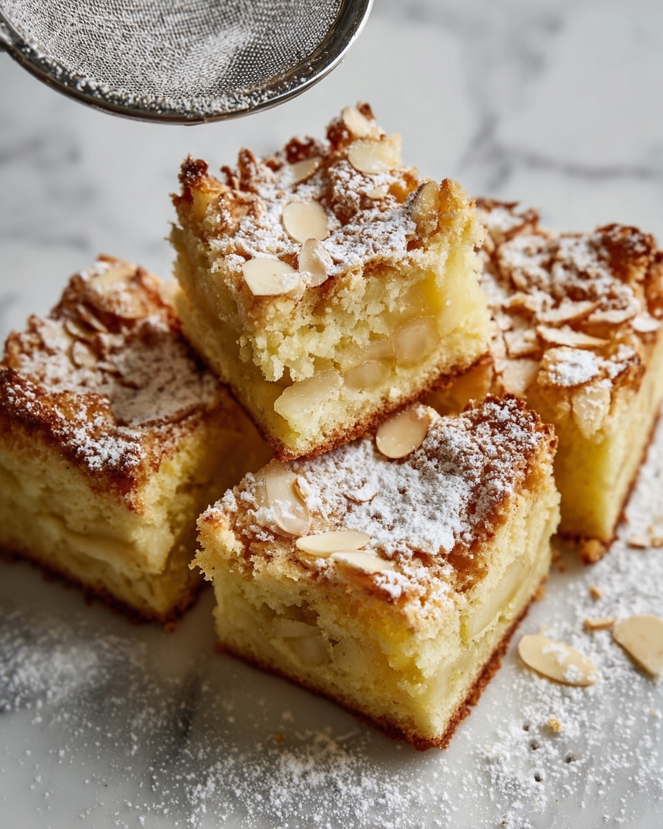 The image shows a close-up of three pieces of a golden-brown cake with a soft, moist inside that looks filled with thin slices of light yellow apple. The cake has a rough, crumbly top layer covered with a dusting of powdered sugar and thin almond slices scattered on top. The three pieces are positioned closely together on a white marbled surface, with one piece angled to show the inside texture clearly. A woman's hand holds a metal sieve covered lightly with powdered sugar above the cake. The photo taken with an iphone --ar 4:5 --v 7
