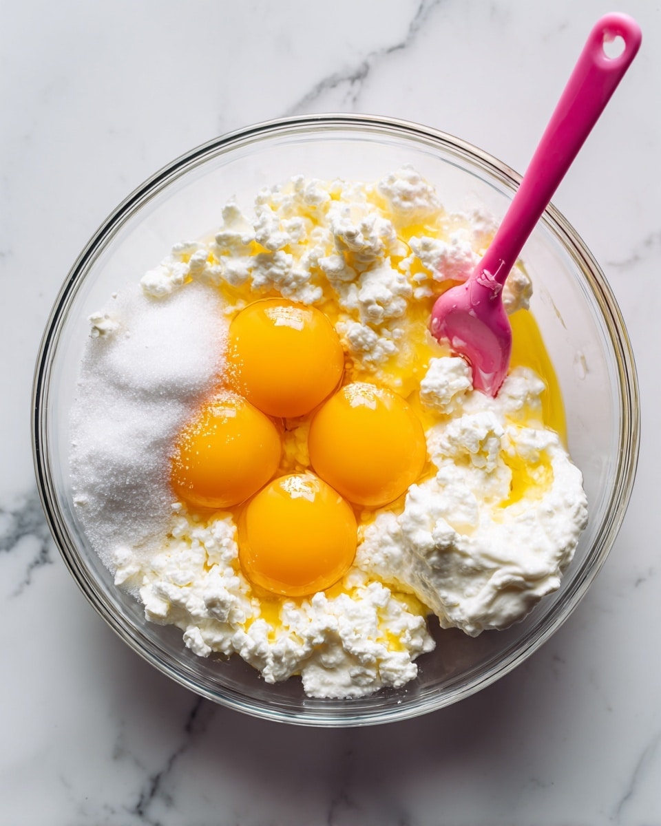 A clear glass bowl sits on a white marbled surface with four raw egg yolks bright yellow and shiny in the center, surrounded by white granulated sugar piled on the left side, and dollops of white, crumbly cottage cheese scattered around the yolks. A pink silicone spatula touches the right side of the bowl, partially submerged in the mixture. The mixture has a mix of smooth and lumpy textures. photo taken with an iphone --ar 4:5 --v 7