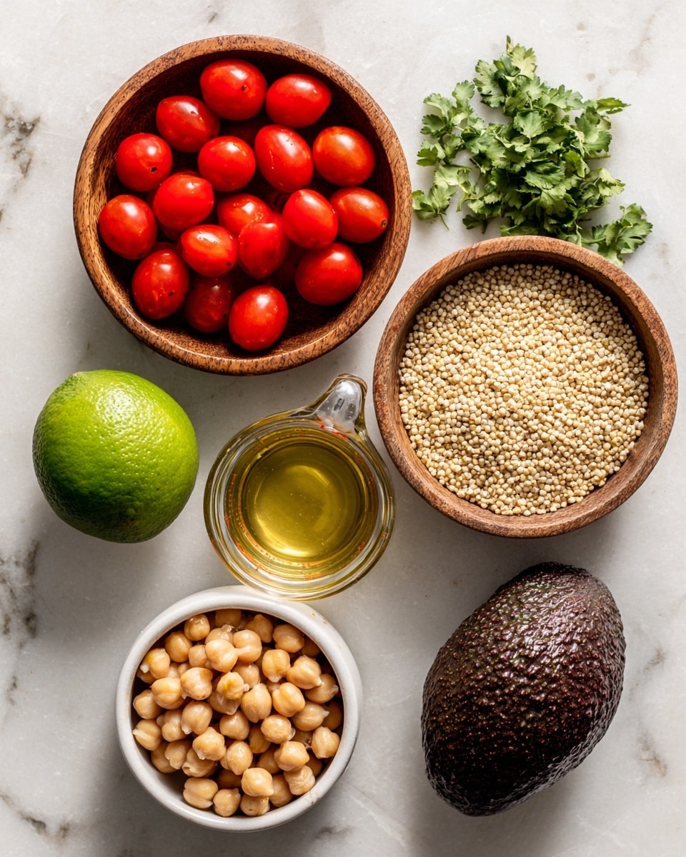 The image shows six ingredients placed on a white marbled texture. At the top left is a small wooden bowl filled with bright red cherry tomatoes. To its right is a round wooden bowl full of small, pale beige quinoa grains. Above the quinoa bowl, there are fresh green herbs with visible leaves. Below the cherry tomatoes is a clear glass measuring cup filled with a golden liquid. To the left of the cup is a whole green lime. Below the quinoa bowl is a white bowl filled with light tan chickpeas. On the right side of the chickpeas is a whole dark brown avocado with a rough texture. The layout is simple and neat, with all items clearly visible and evenly spaced. photo taken with an iphone --ar 4:5 --v 7