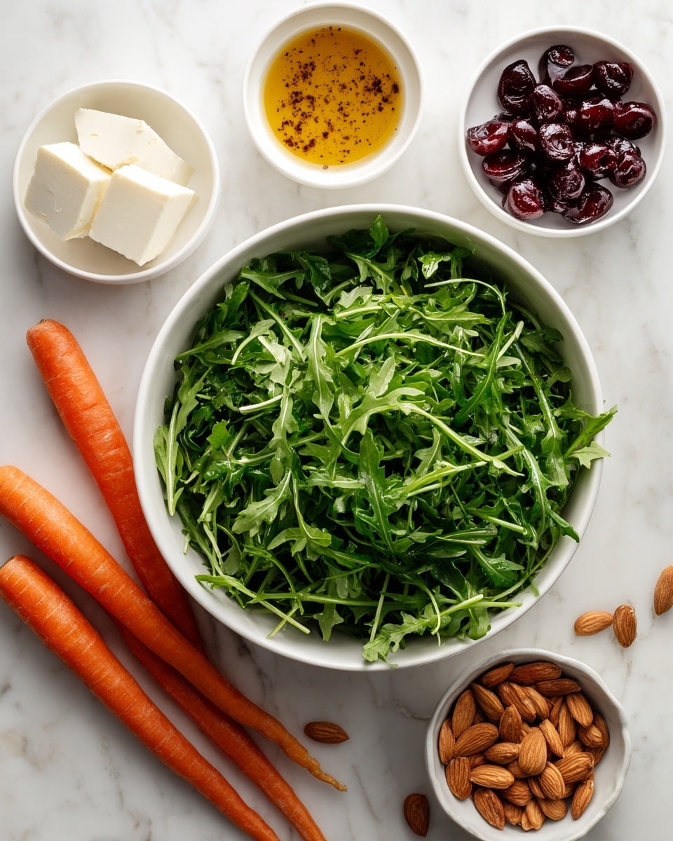 A large white bowl is filled with fresh green arugula leaves that have a slightly curly texture and spread evenly inside. Around the bowl, five small white bowls and two carrots are placed on a white marbled surface. One small bowl holds a block of soft white cheese, another has a golden brown honey mustard dressing with dark specks, a third bowl is filled with dark red sliced cherries showing their juicy inside, and the last bowl contains toasted sliced almonds that are light brown with a bit of shine. Two bright orange carrots with rough texture lie next to the large bowl. photo taken with an iphone --ar 4:5 --v 7